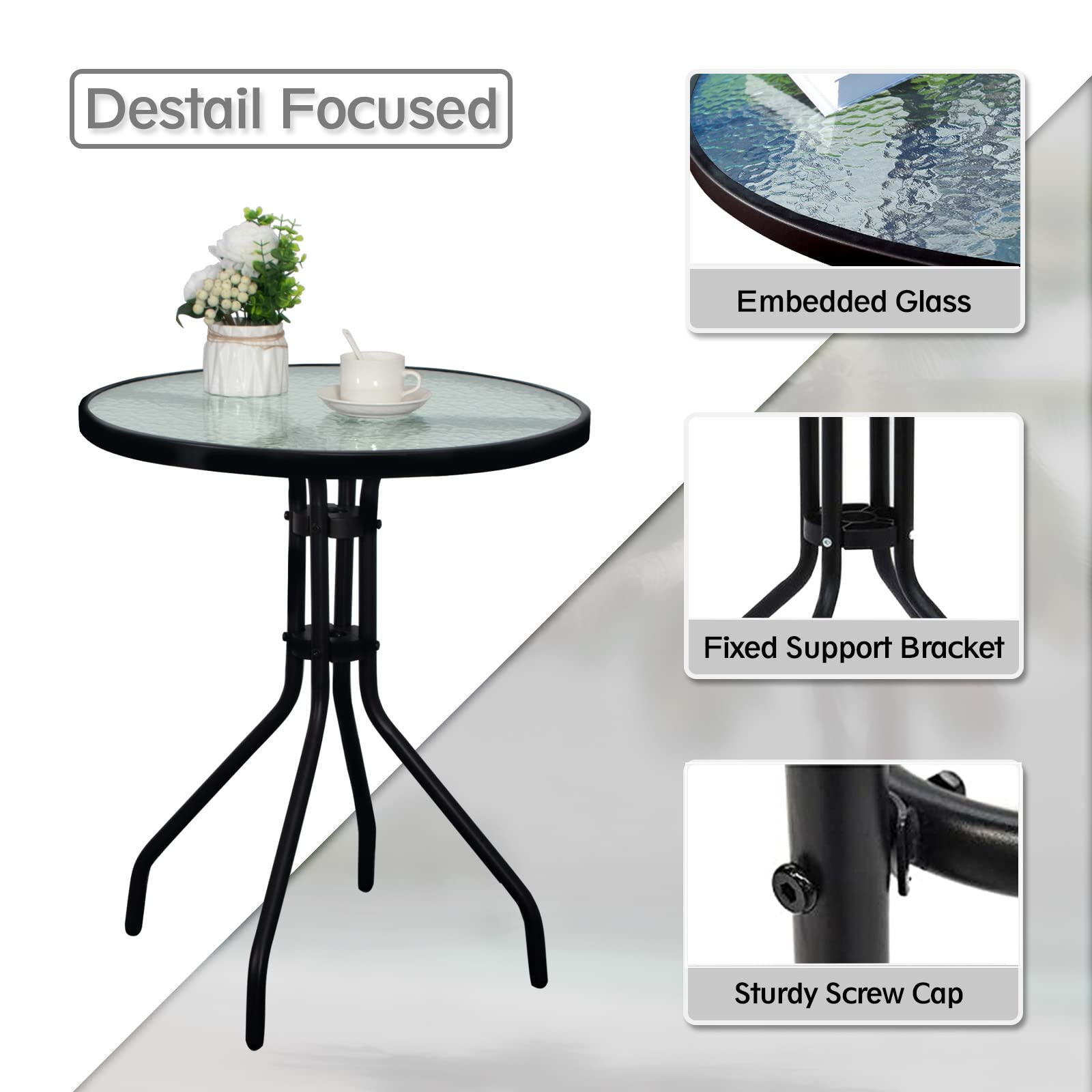 DIMAR GARDEN 24 Inch Black Metal Outdoor Side Table with Glass Top - Round Patio Coffee Table for Garden, Balcony & Poolside Decor