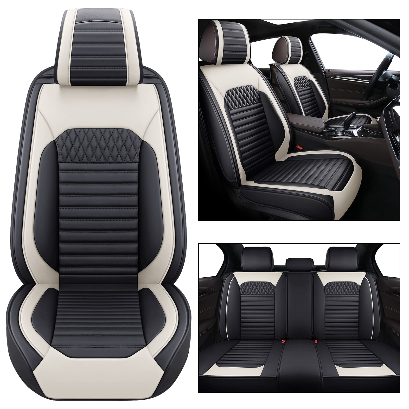Premium Car Seat Covers Full Set (Black/White) - Universal Fit for Honda Civic, Accord, Toyota Corolla, RAV4, Subaru Highlander, Hyundai Sonata & More | Waterproof, Durable & Comfortable for Daily Commute, Road Trips & Family Travel
