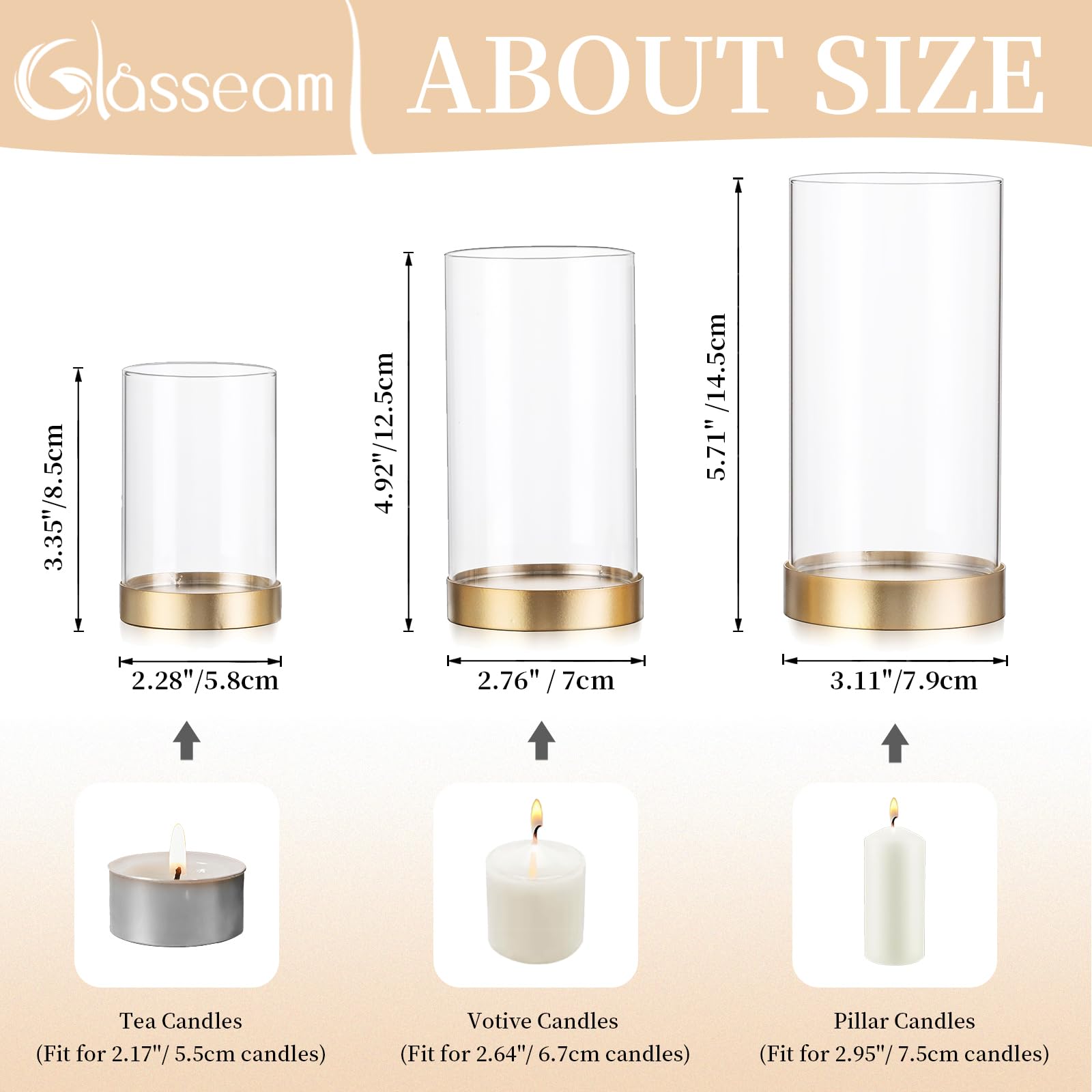 Glasseam Hurricane Glass Candle Holders Set of 6 - Gold Metal Pillar Candle Holders with Clear Glass Chimney for Wedding, Outdoor, Home Decor - Elegant Table Centerpiece for Dining Room, Patio, and Special Events