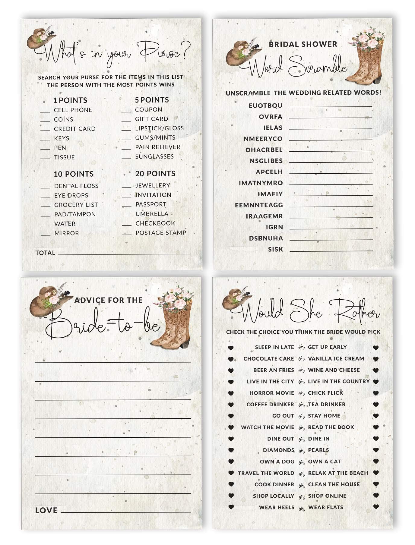 Bachelorette Party Games Set - Cowgirl Themed Bridal Shower Games Bundle (4 Games, 50 Sheets Each) for Wild West Bachelorette Parties & Girls Night Out Fun