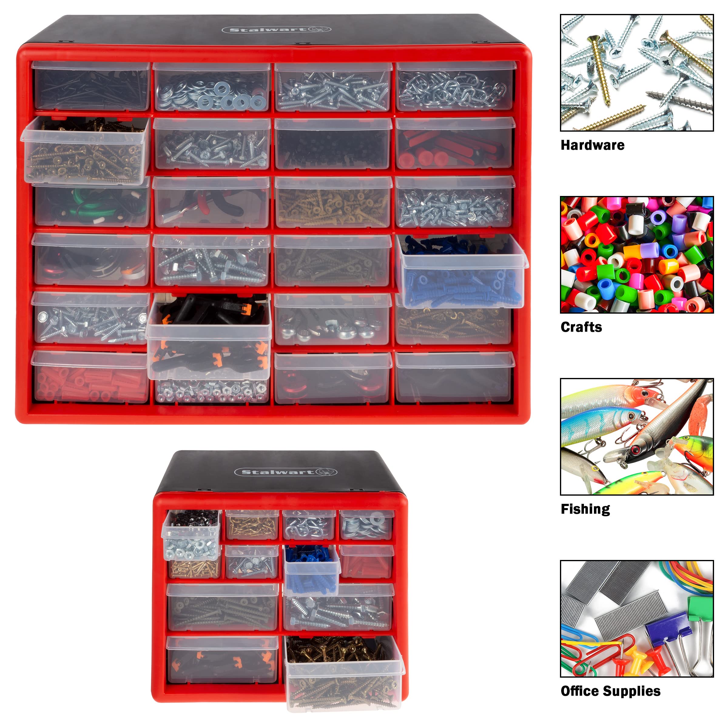 Stalwart 2-Pack Plastic Storage Bins with Drawers - 12 & 24 Drawer Desktop or Wall Mount Tool Organizer for Hardware, Crafts, Office Supplies - Perfect for Workshop, Garage & DIY Projects (Red)