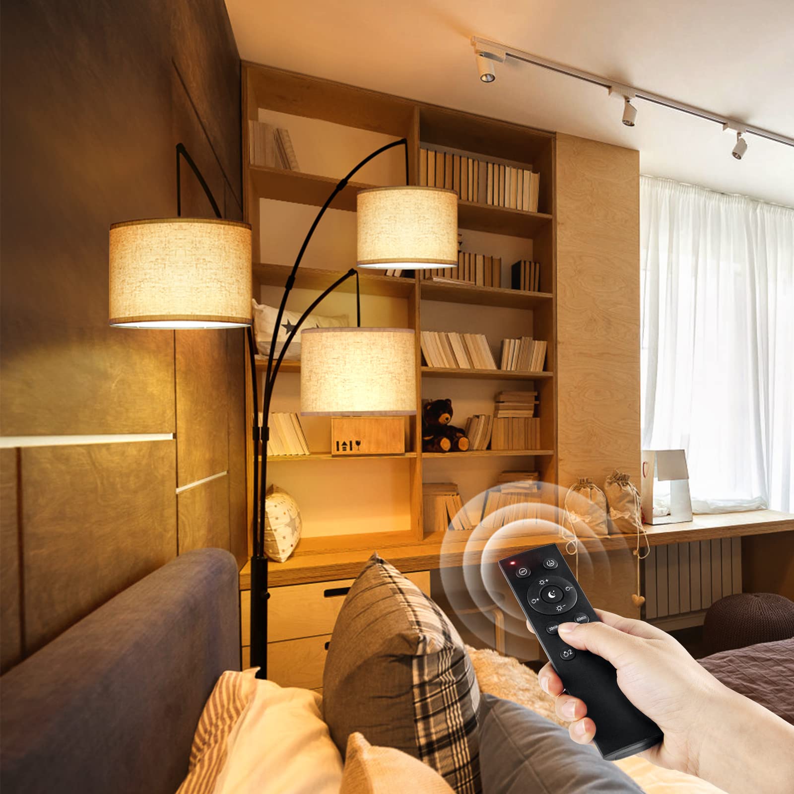 OUTON Arc LED Floor Lamp with Remote Control - Dimmable Modern Black 3-Light Arched Tall Standing Lamp | Adjustable Mid-Century Design for Bedroom, Office & Living Room | Beige Lampshade | Perfect for Reading, Working & Creating Ambient Lighting