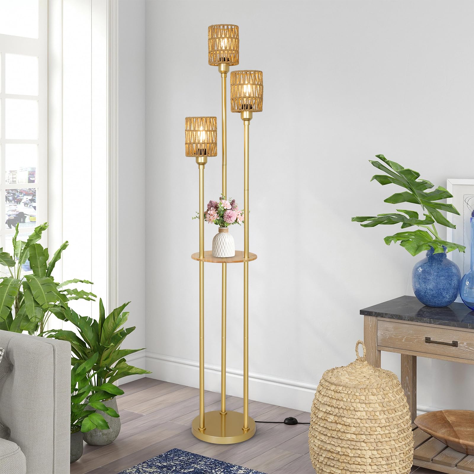 Boho 3-Light Farmhouse Floor Lamp with Shelves & Rattan Shades - Gold Modern Standing Lamp with Foot Switch for Living Room, Bedroom, Office - Perfect for Reading Nook, Cozy Corner & Home Decor