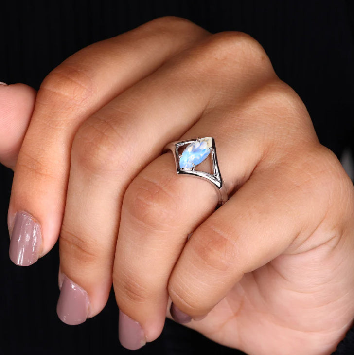 Exquisite Marquise Cut White Rainbow Moonstone Ring for Women - Elegant Jewelry Gift for Engagement, Wedding & Special Occasions