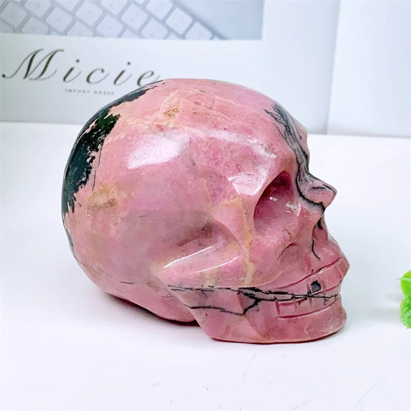 Natural Rhodonite Skull Carving - Handmade Mini Crystal Statue for Home Decor, Witchcraft Altar & Halloween Display (1PC, 676g) | Spiritual Healing Stone, Unique Gift for Collectors & Wiccan Practitioners