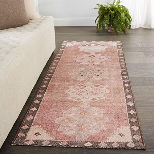 Jaipur Living Machine Washable 2x12 Runner Rug - Farmhouse Style Pink & Brown Distressed Vintage Rug - Perfect for Hallways, Entryways & Kitchen Floors