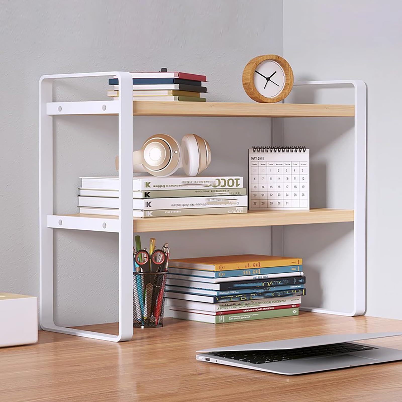 Adjustable Desktop Organizer Shelf - White Office Storage Rack for Computer Desk, Bookshelf & Office Supplies | Perfect for Home Office, Study Room & Workspace Organization