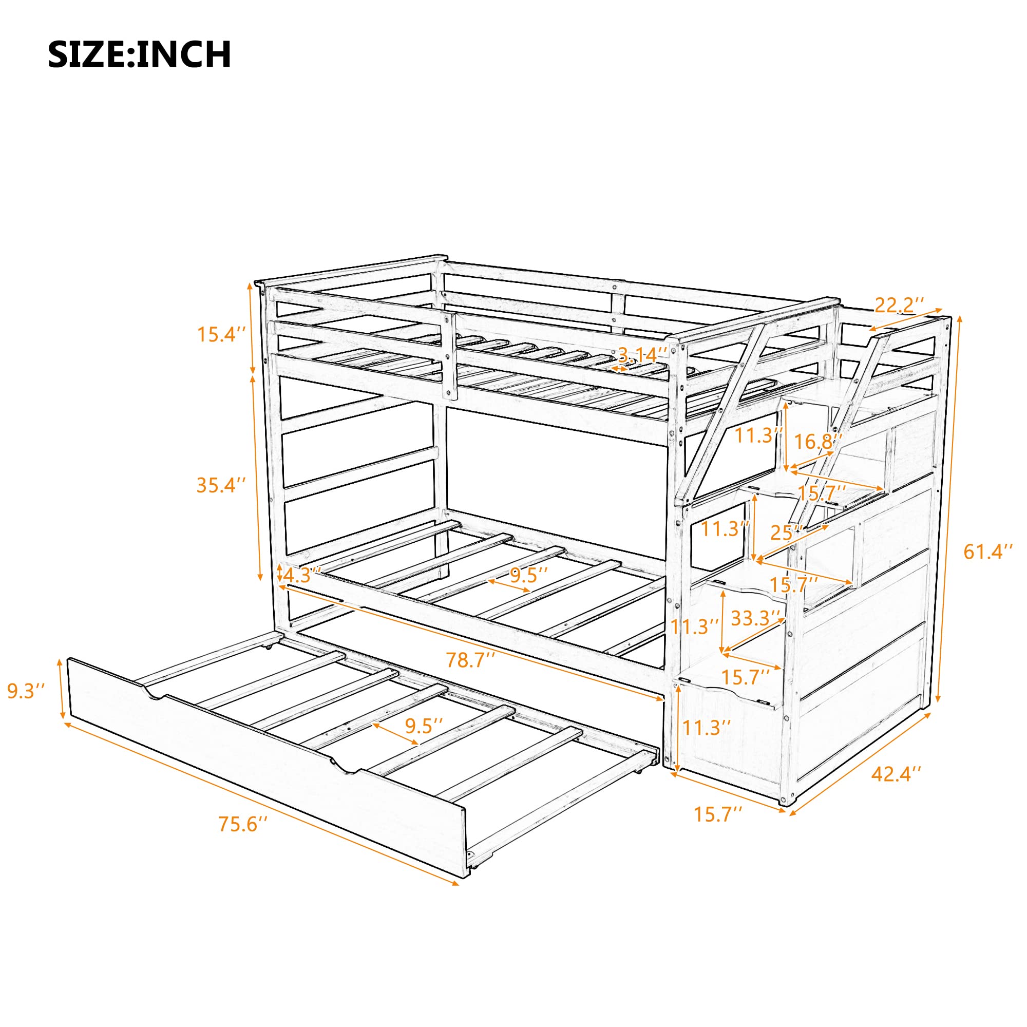 Twin Over Twin Bunk Beds with Trundle & Stairs - Wooden Bunk Bed Frame with 3 Storage Drawers for Kids, Boys, Girls & Teens - Space-Saving Bedroom Solution for Siblings or Sleepovers - White