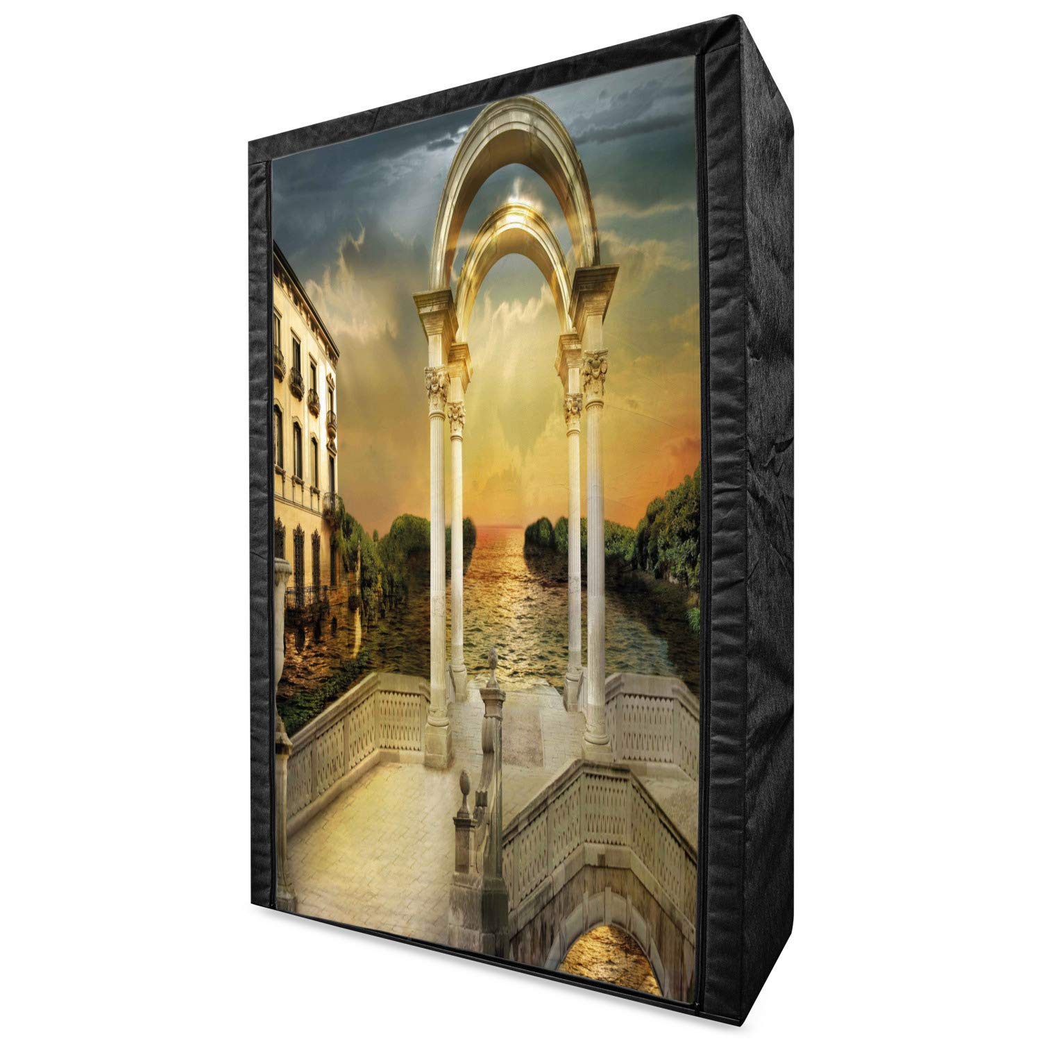 Ambesonne Fantasy Portable Fabric Wardrobe - Surreal Bridge Gateway Design with Ornaments & Enchanted Woods Theme, 42.5 Inch Clothing Organizer with Shelves, White Pale Yellow Green - Perfect for Bedroom, Closet, Dorm Room & Apartment Storage Solutions