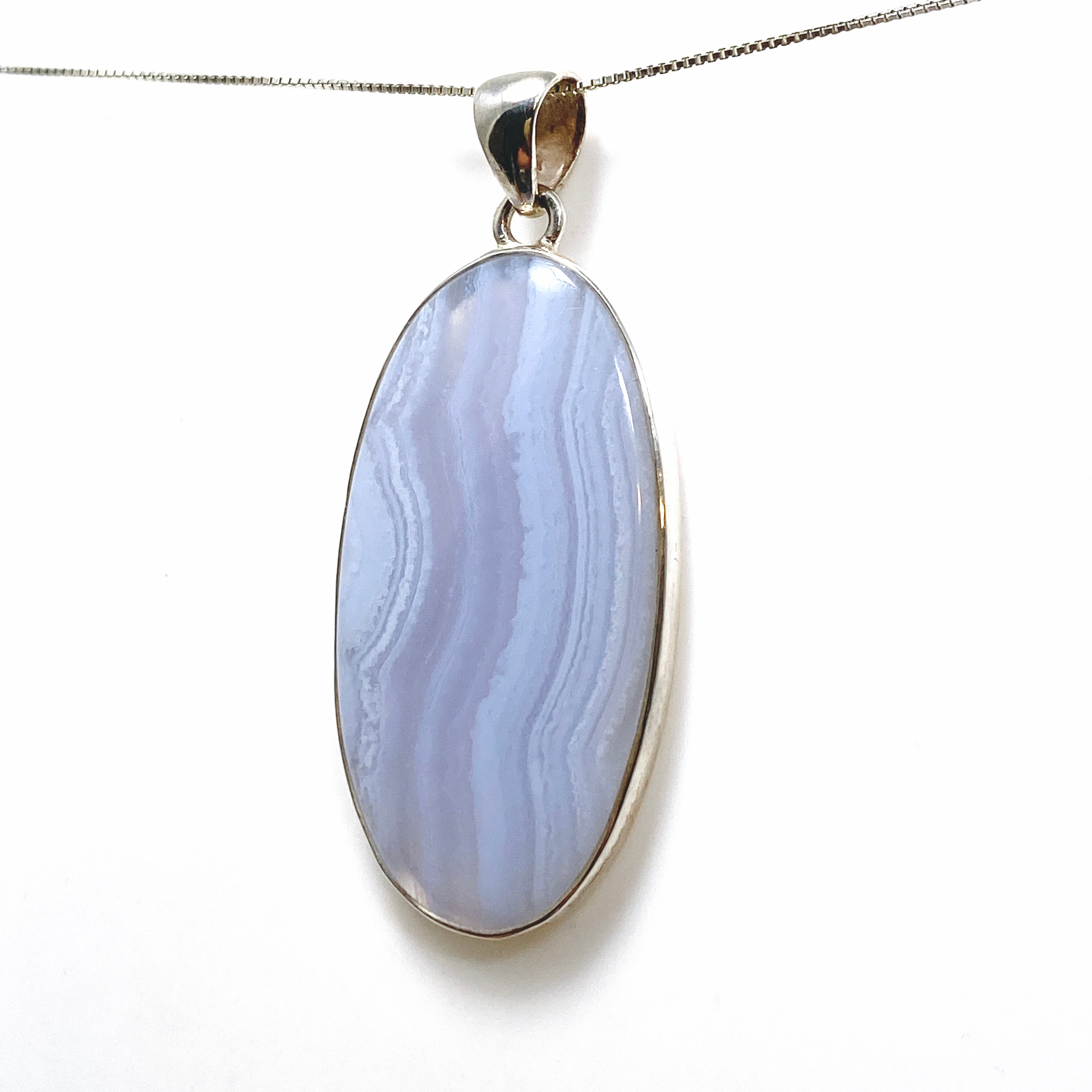 Blue Lace Agate Oval Cabochon Pendant - Natural Stone Jewelry KPGJ4823 for Women's Necklace, Healing Crystal Gift for Meditation & Spiritual Protection