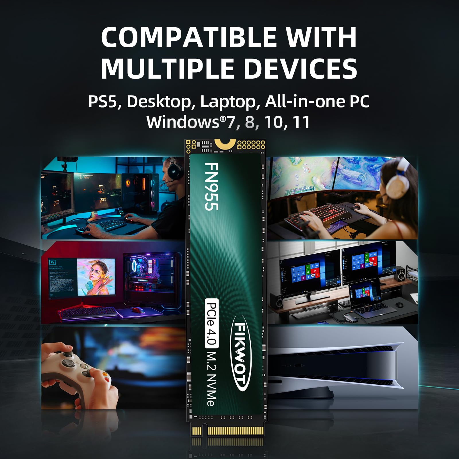FN955 2TB NVMe SSD M.2 2280 PCIe Gen4x4 Internal Solid State Drive - 7300MB/s Read Speed, 3D NAND TLC Flash, SLC Cache Technology | Perfect for Gaming PS5, High-Performance Laptops & Desktop PC Storage Upgrade | Fast Boot Times & Large File Transfers