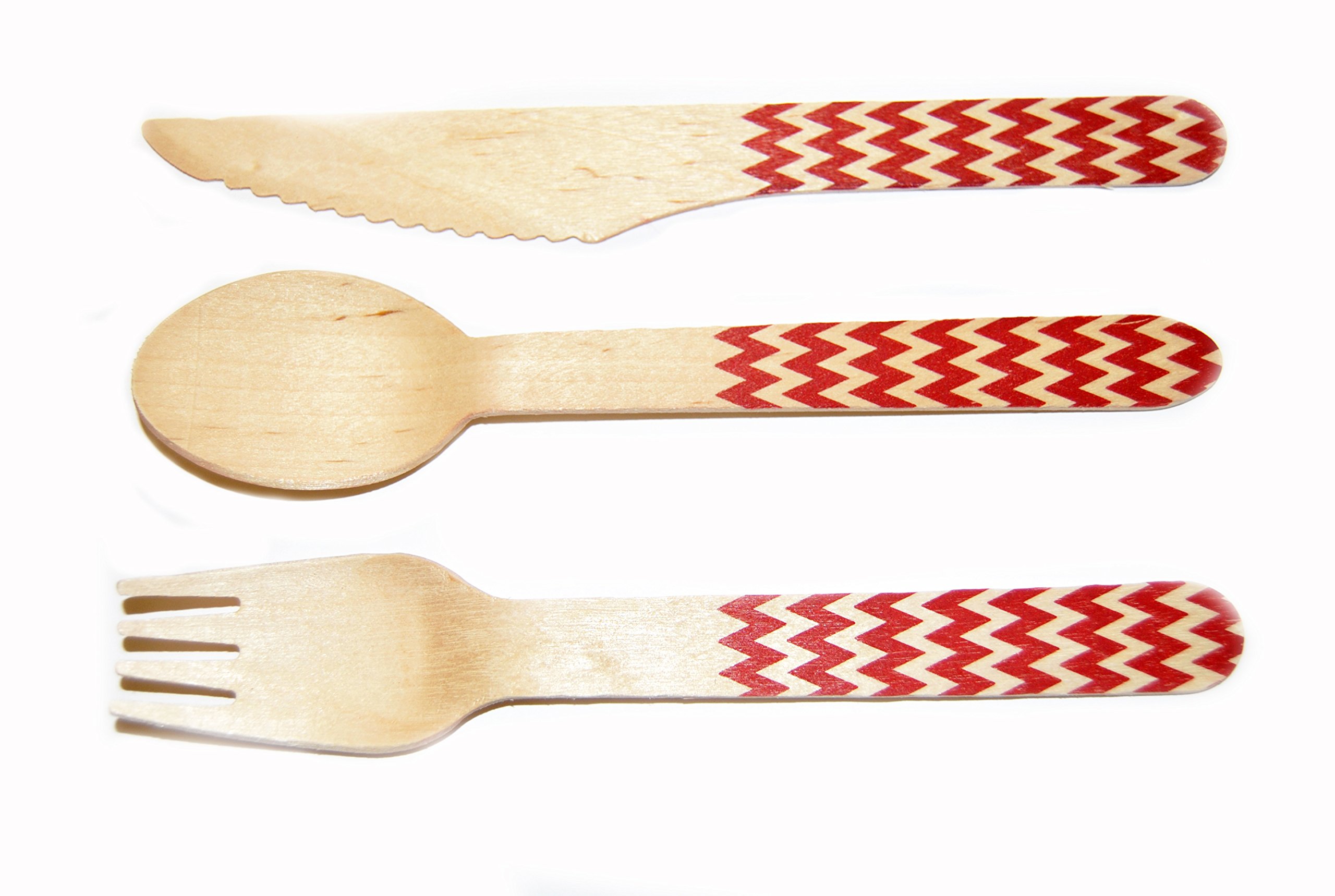 Premium 36-Piece Red Chevron Wooden Cutlery Set - Eco-Friendly Disposable Forks, Knives & Spoons for Picnics, Parties, BBQs & Outdoor Dining - BPA-Free Picnic Utensils (Red Pattern)