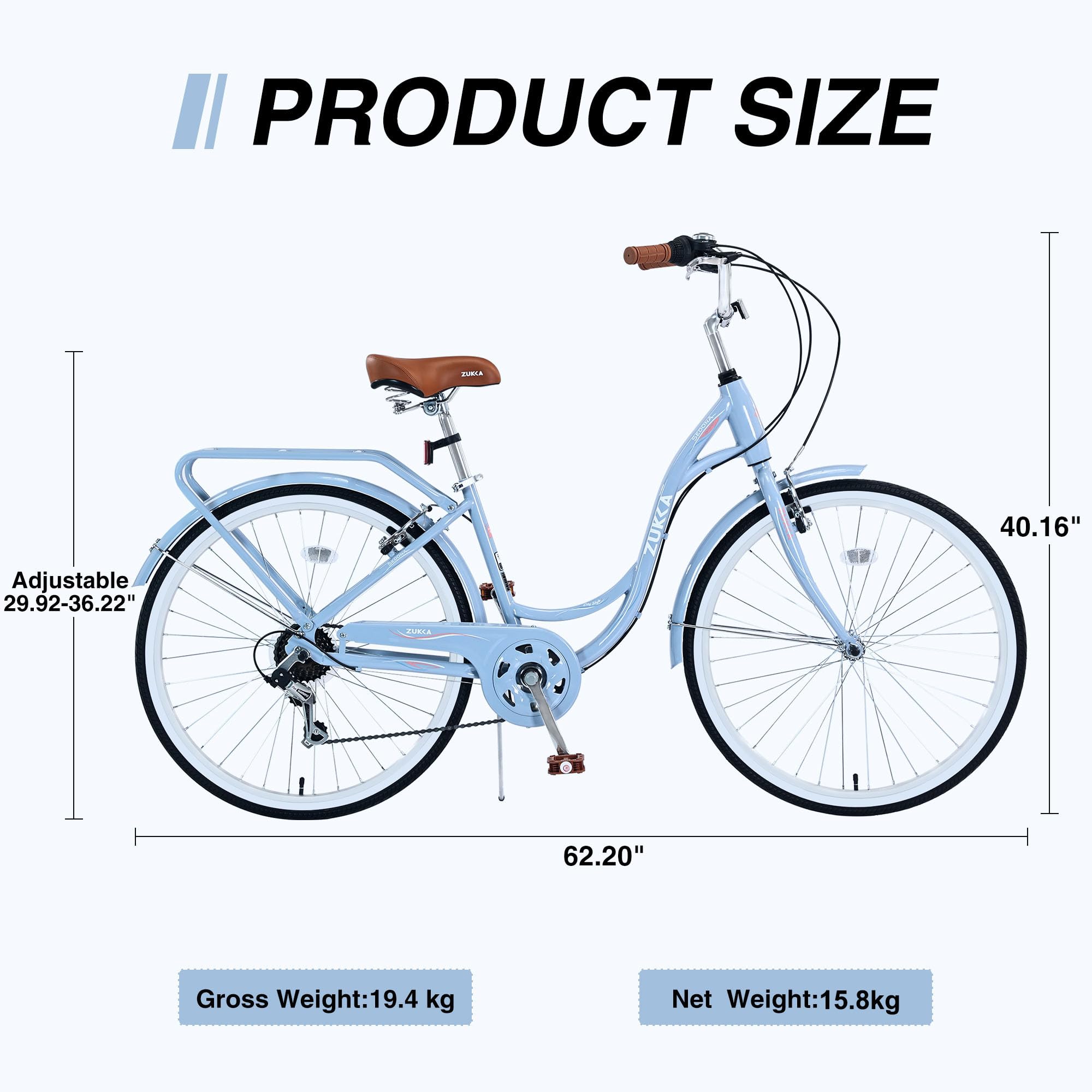 ZUKKA 24/26 Inch Women's Beach Cruiser Bike - 7 Speed City Bicycle with Dual V-Brake, Adjustable Seat for Adults - Perfect for Coastal Rides, Commuting & Leisure Cycling (Multiple Colors)