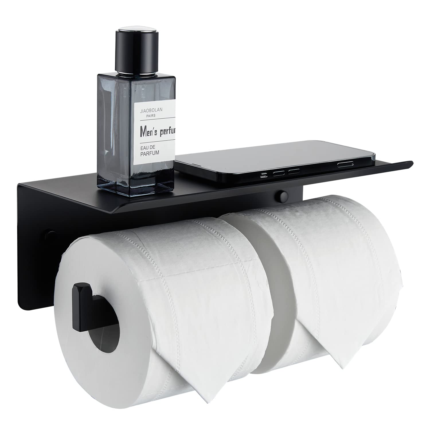 CRW Matte Black Double Roll Toilet Paper Holder with Shelf & Phone Stand - Stainless Steel Wall Mounted Bathroom Tissue Dispenser - Perfect for Home, Office & Commercial Restrooms