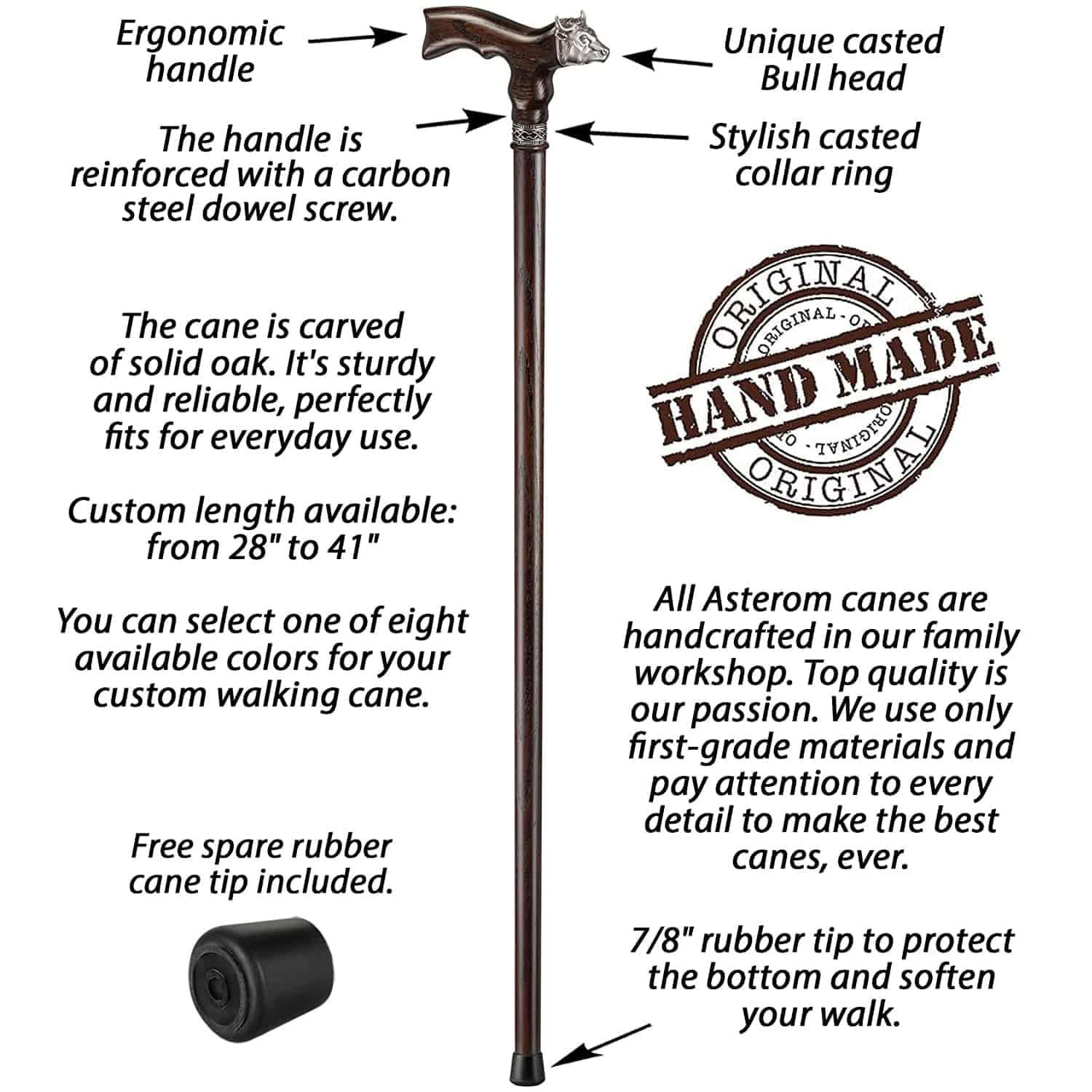 Stylish Handmade Wooden Walking Cane for Men - Bull Head Design - Fashionable Designer Walking Stick for Seniors & Adults - Perfect for Hiking, Travel & Daily Support