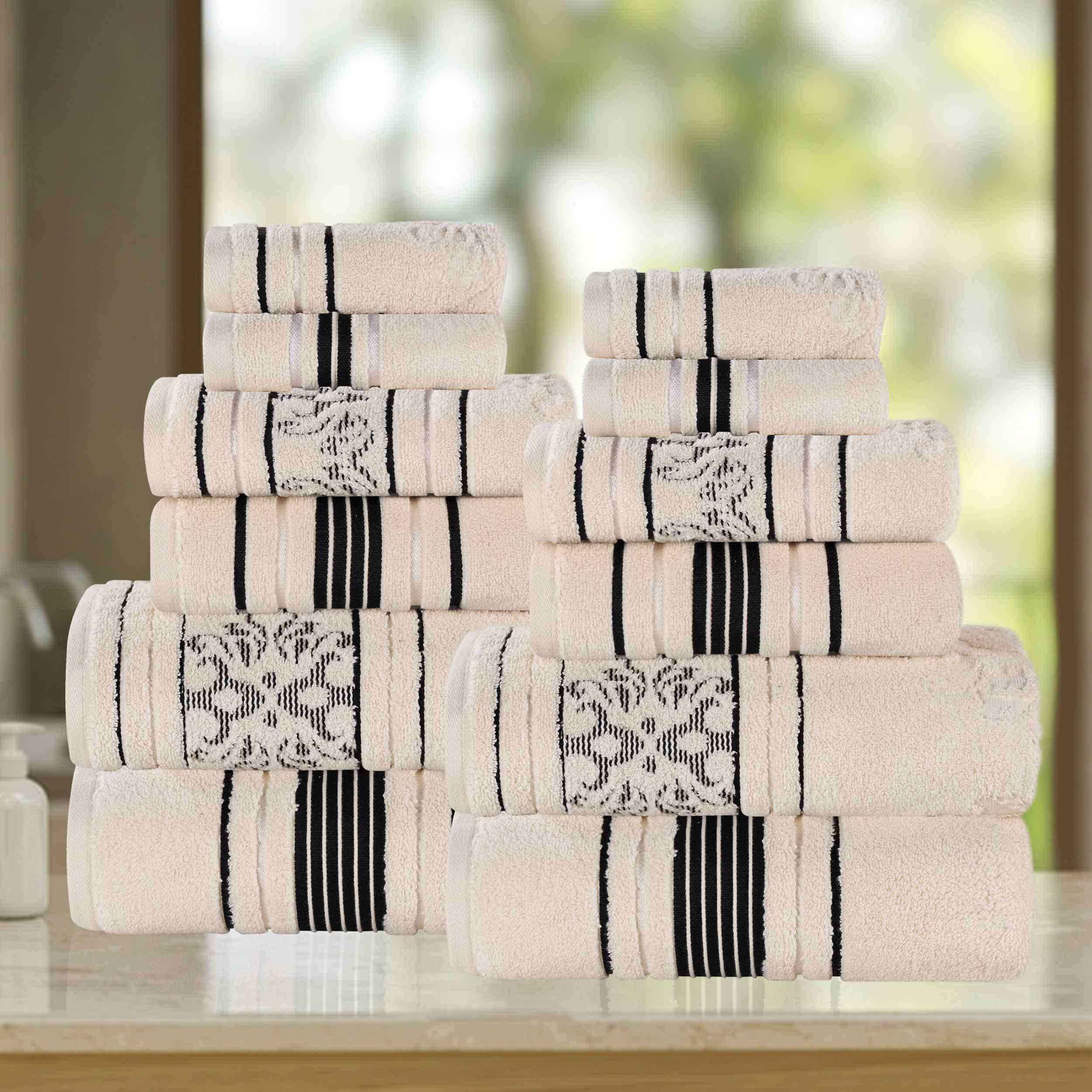 Premium 12-Piece Sadie Zero Twist Cotton Towel Set - Solid & Jacquard Floral Designs | Ultra Soft, Absorbent Bath & Beach Towels for Spa, Pool, Gym & Home Use