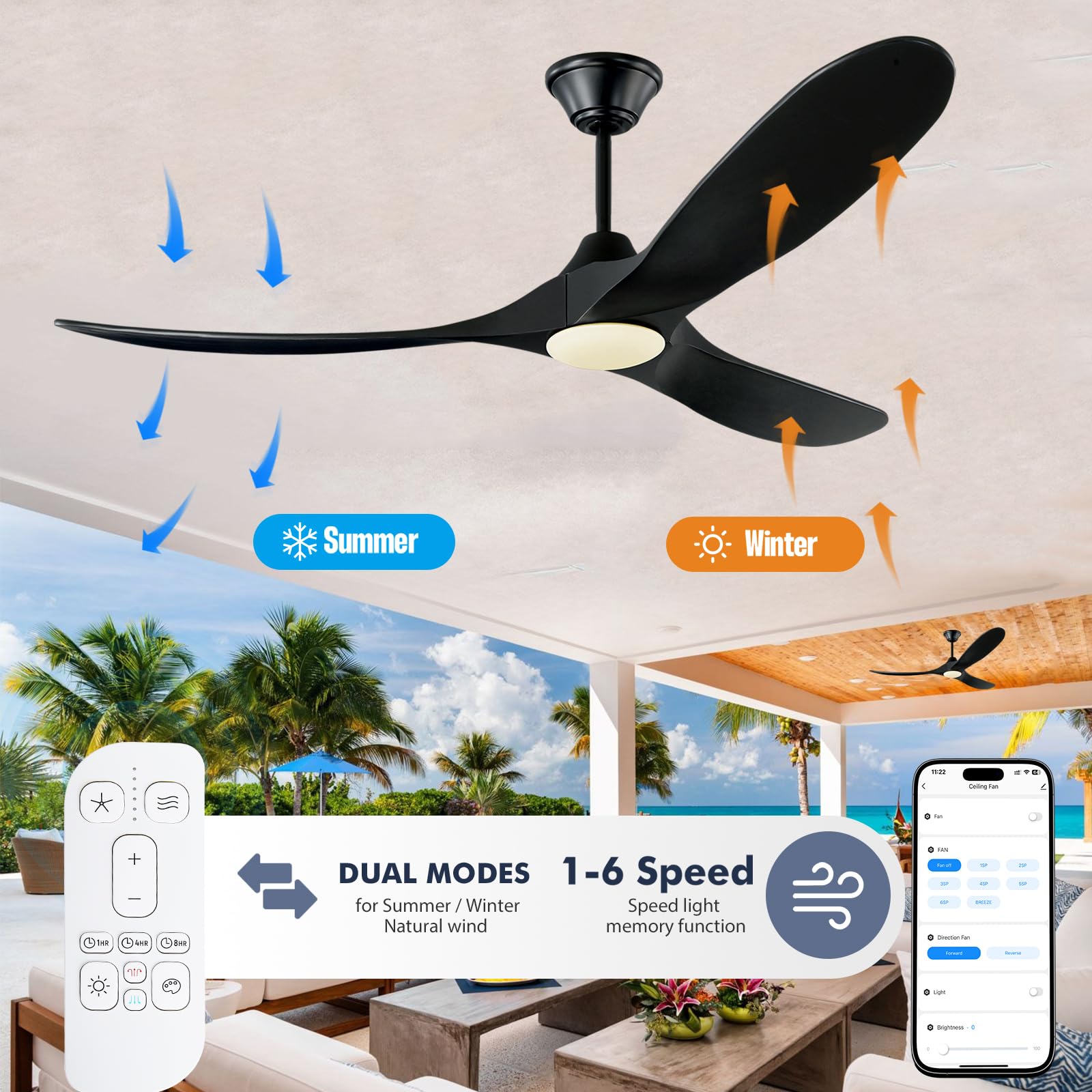 60 Inch Black Ceiling Fan with LED Lights - Damp Rated Outdoor Ceiling Fan for Patio, Porch & Commercial Spaces - High Airflow Smart Modern Wooden Blades - Perfect for Indoor & Exterior Home Cooling