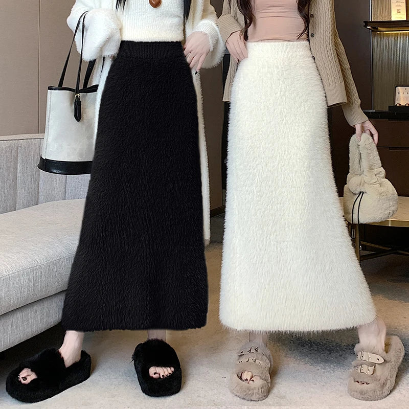 Elegant Black & White Mink Long Skirt for Women - High Waist Elastic French Knit Skirt | Winter 2024 Fashion Trend | Perfect for Vacation, Party & Office Wear
