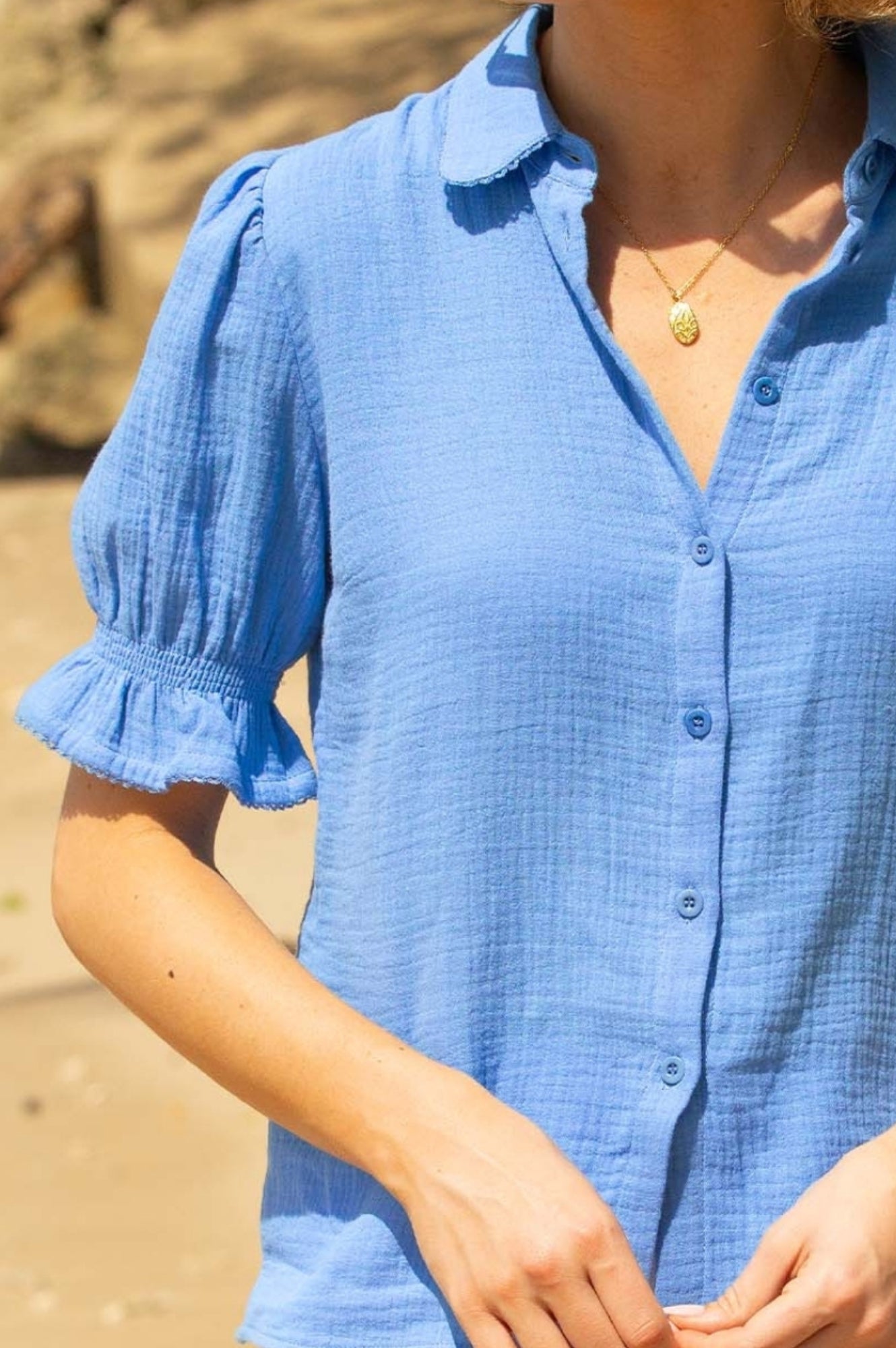 Olive Green Cheesecloth Blouse for Women - Soft Cornflower Blue Linen Top - Perfect for Summer Outfits, Beach Cover-Ups & Boho Fashion