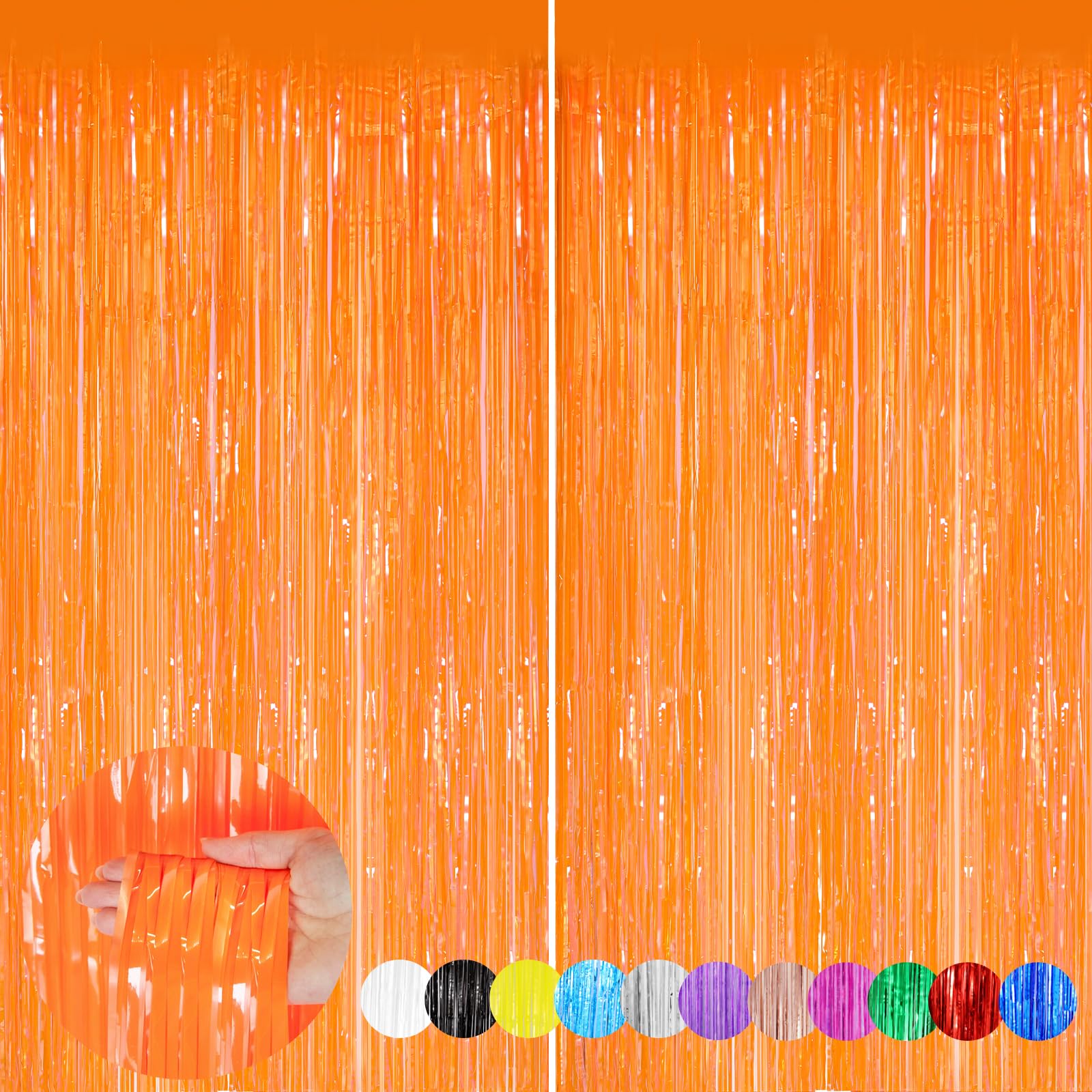 2 Pack Orange Metallic Tinsel Foil Fringe Curtains - 3.3x8.3 Feet Party Streamers for Birthday, Christmas & Holiday Decorations | Perfect for Doorways, Photo Backdrops & Event Decor