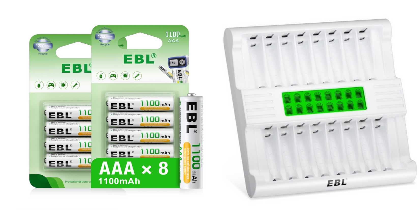 EBL AAA Rechargeable Batteries with 16-Bay Charger - 8-Pack NiMH 1.2V 1100mAh Low Self-Discharge Batteries & AC Adapter - Perfect for Toys, Flashlights, Remote Controls and Electronic Devices