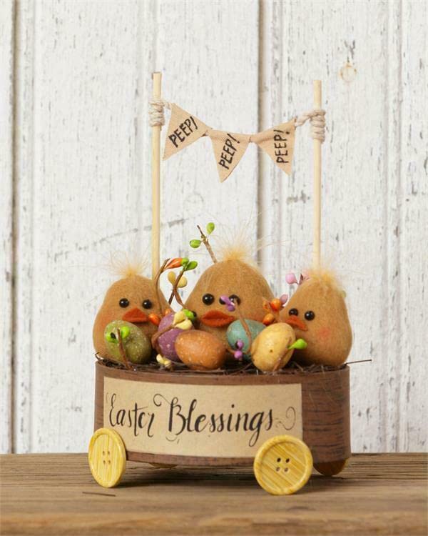 Primitive Peep Chicks & Eggs Easter Blessings Basket Wagon - Vintage Farmhouse Decor for Easter, Spring Home, Kitchen & Country House Decorations - Perfect for Easter Table Centerpiece, Mantel Display & Farmhouse Styling
