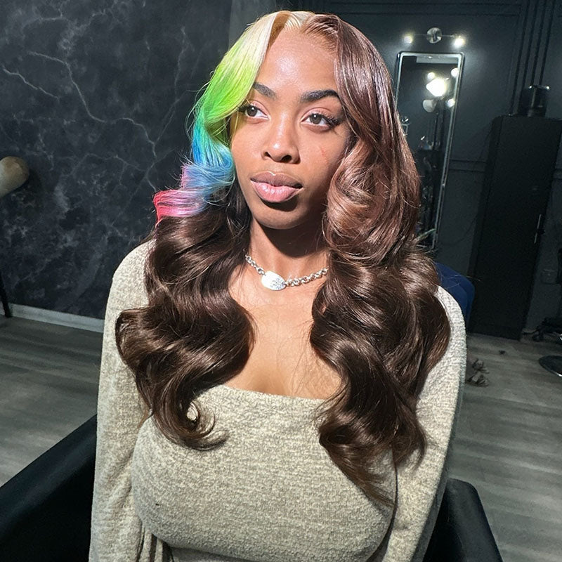 Eullair 13x4 Lace Front Wig - Brown with Multi-Colored Blonde, Green, Blue & Pink Highlights | Body Wave Human Hair Wig for Women | Perfect for Cosplay, Parties & Daily Wear