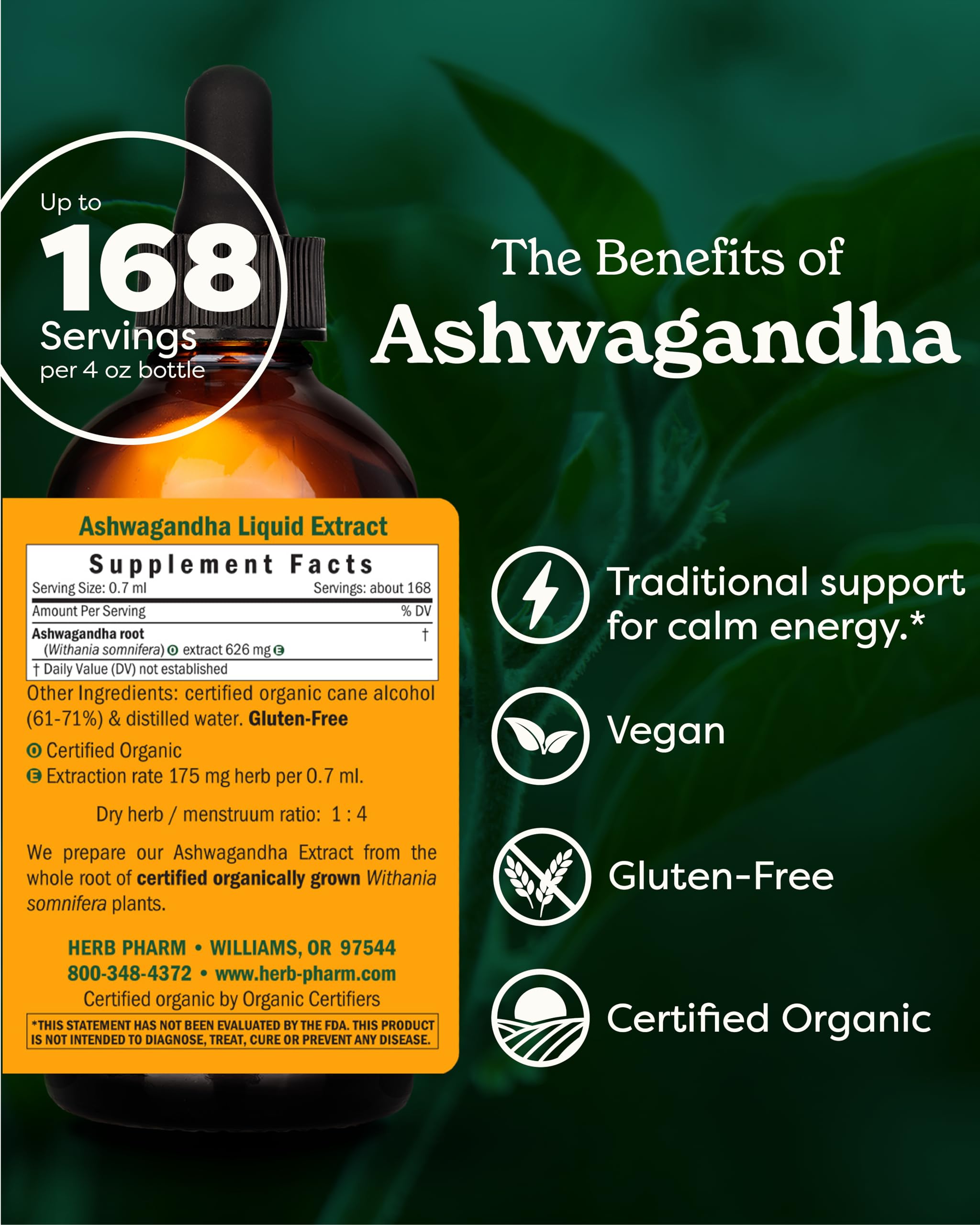 Organic Ashwagandha Extract for Energy & Vitality - USDA Certified, Alcohol-Free, 4 fl oz - Stress Relief & Immune Support Supplement for Daily Wellness
