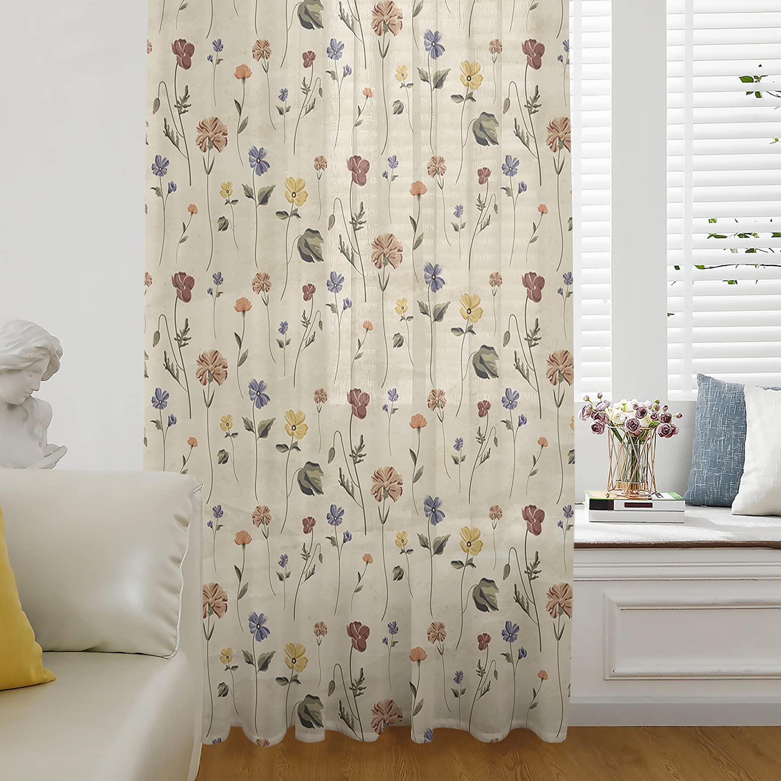 54 Inch Retro Floral Semi-Sheer Chiffon Curtains with Rod Pocket - Vintage Brown Voile Drapes for Living Room, Bedroom & Kitchen - Perfect for Boho Home Decor, Photo Backdrops & Window Treatments
