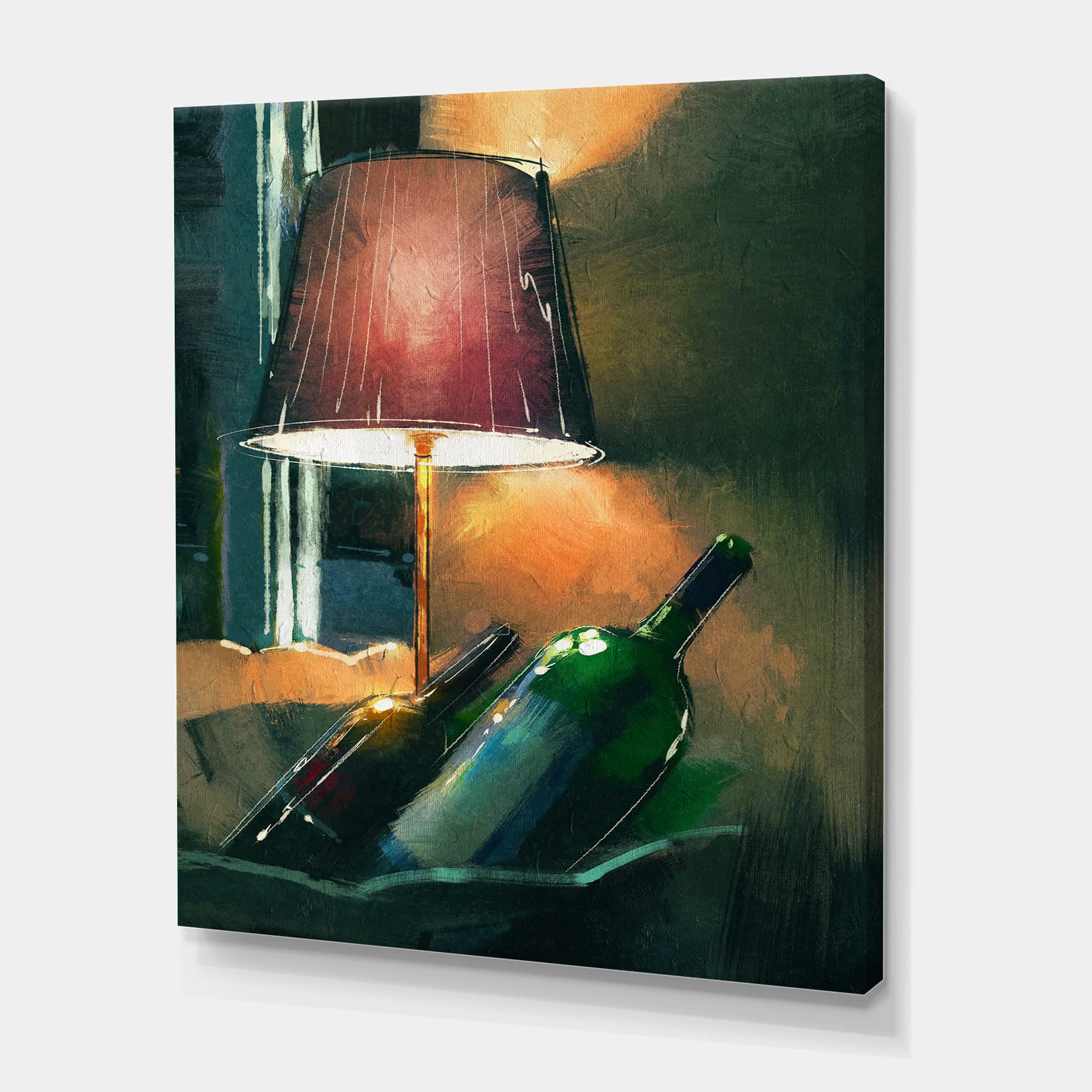 DesignQ Glowing Orange Wine Bottles & Lamp Modern Canvas Wall Art - Nighttime Home Decor for Living Room, Bedroom & Bar