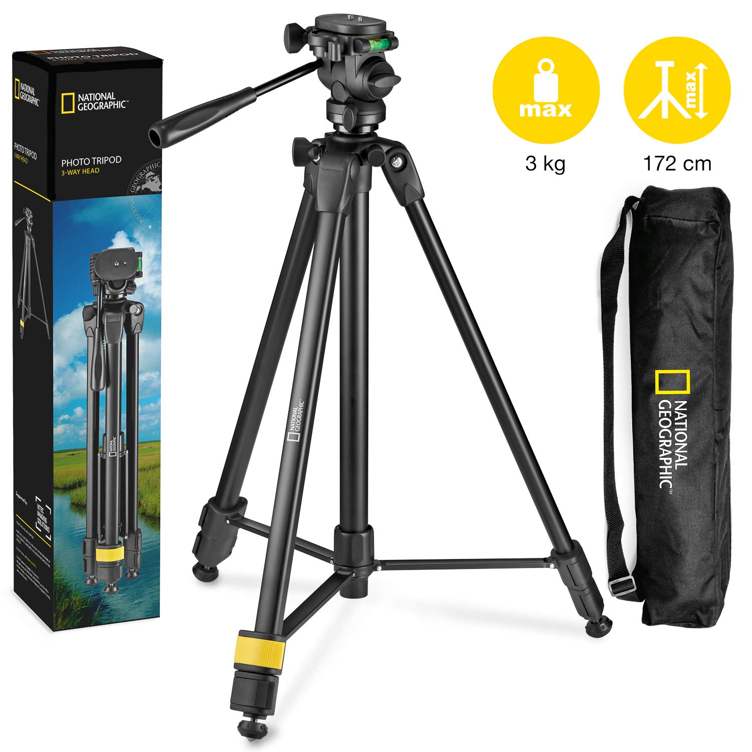 NATIONAL GEOGRAPHIC Professional Aluminum Tripod Kit with Monopod - 3-Way Pan Head, Quick Release, Lever Lock Legs & Carrying Bag - Supports 3kg for DSLR Cameras (Canon, Nikon, Sony) - Perfect for Travel Photography, Vlogging & Outdoor Adventures
