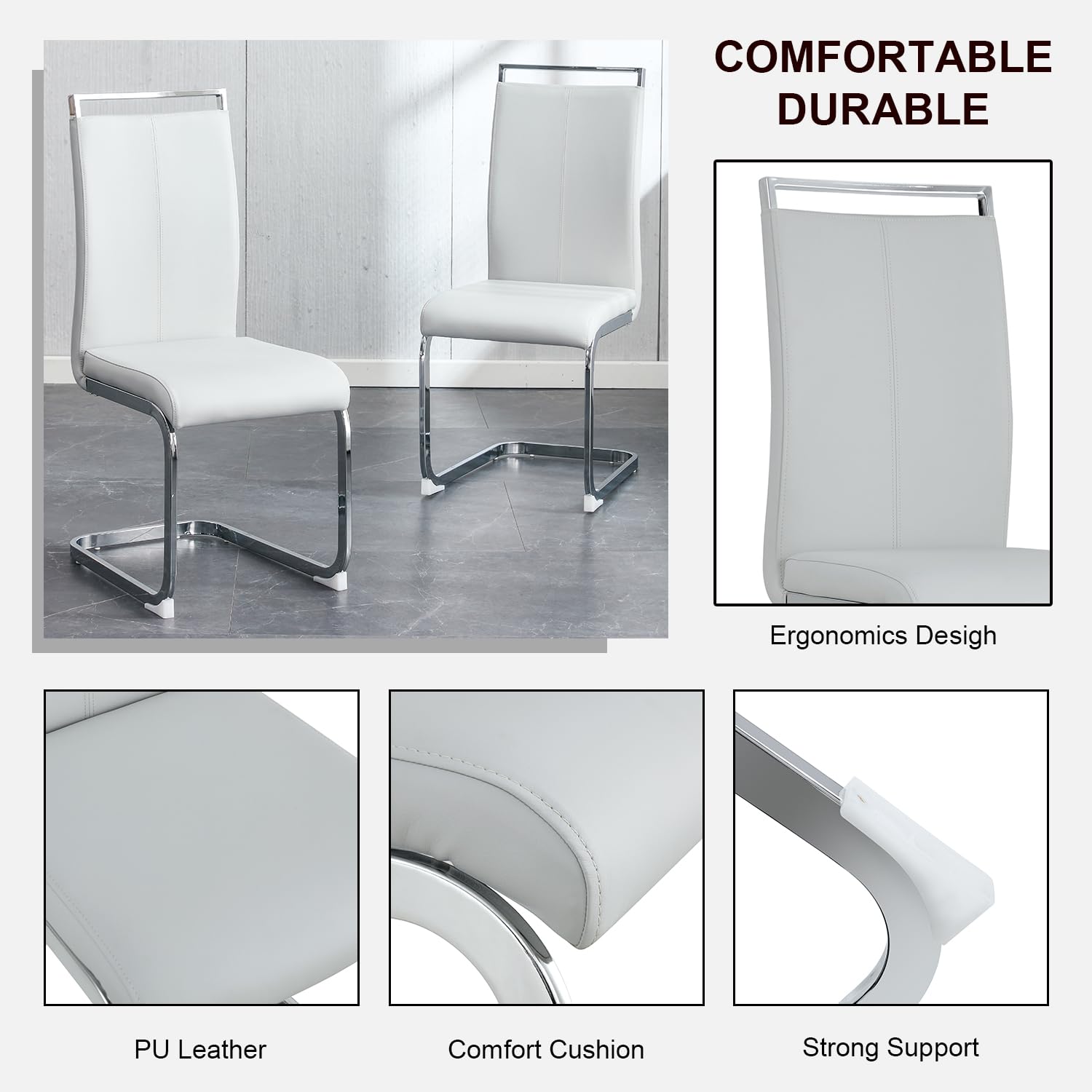 Modern Metal Dining Chairs Set of 2 - High Back Faux Leather Padded Kitchen Chairs with Sturdy Chrome Legs - Light Gray for Dining Room & Breakfast Nook