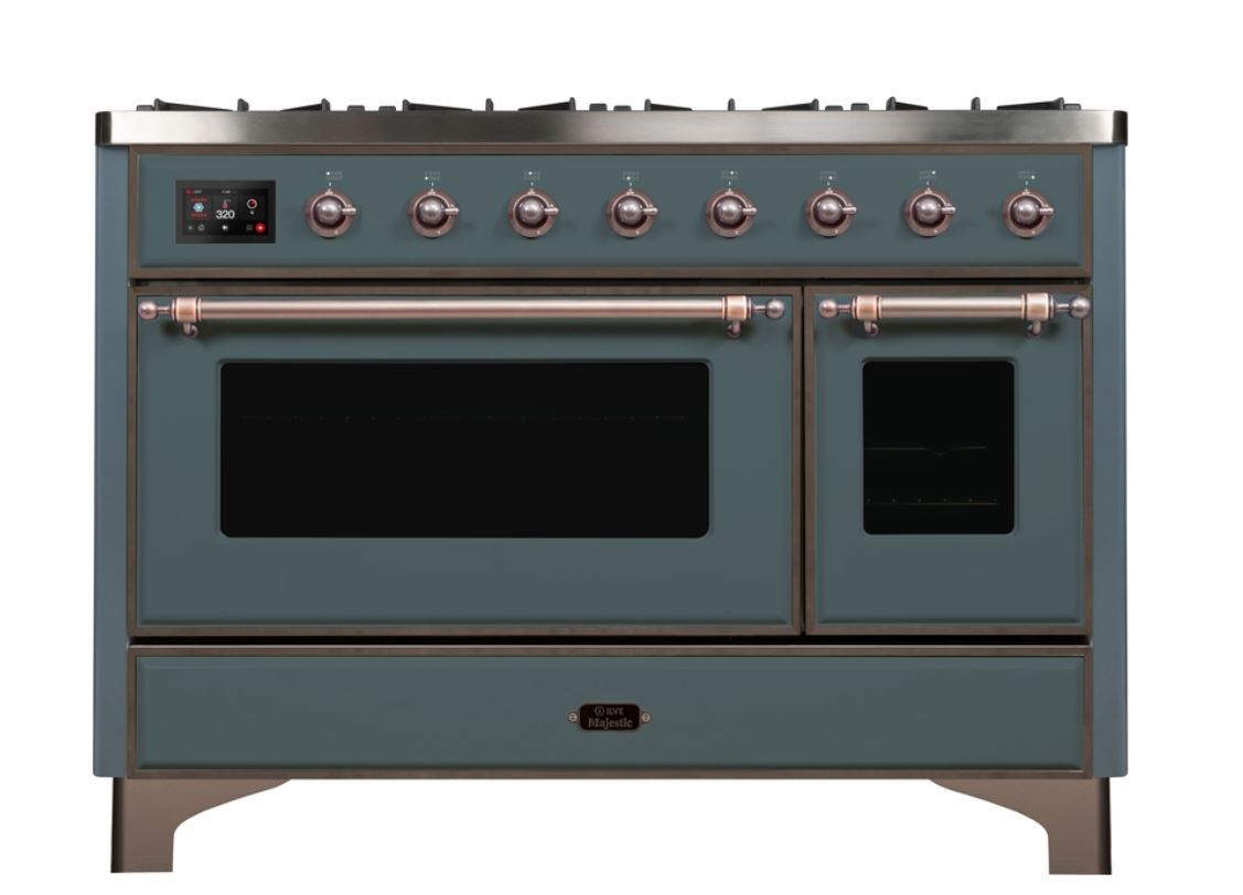 ILVE 48 Inch Majestic II Series Freestanding Dual Fuel Double Oven Range with 8 Sealed Burners, Triple Glass Cool Door & Convection Oven - Professional Gas Range for Home Kitchen, Restaurant & Catering (UM12FDNS)