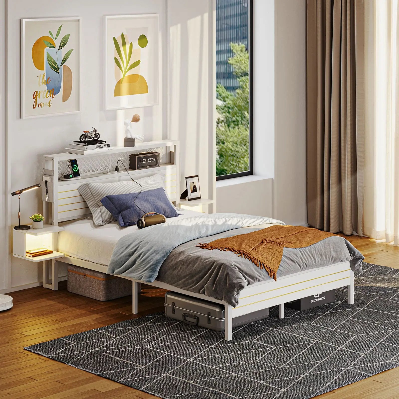 Bestier Full Bed Frame with Horizontal Golden Stripe Storage Headboard - Sturdy Metal Platform Bed with Underbed Storage Space - Perfect for Small Bedrooms, Guest Rooms & Dormitories