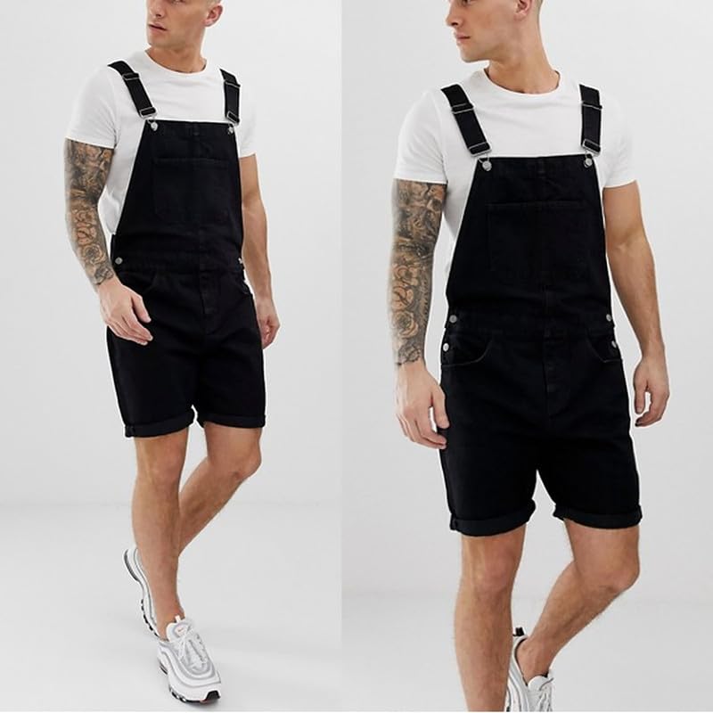 **TOSHIKII Men's Slim Fit Denim Bib Overalls Shorts - Casual Jeans Romper for Men - Perfect for Summer Outings, Streetwear & Workwear**