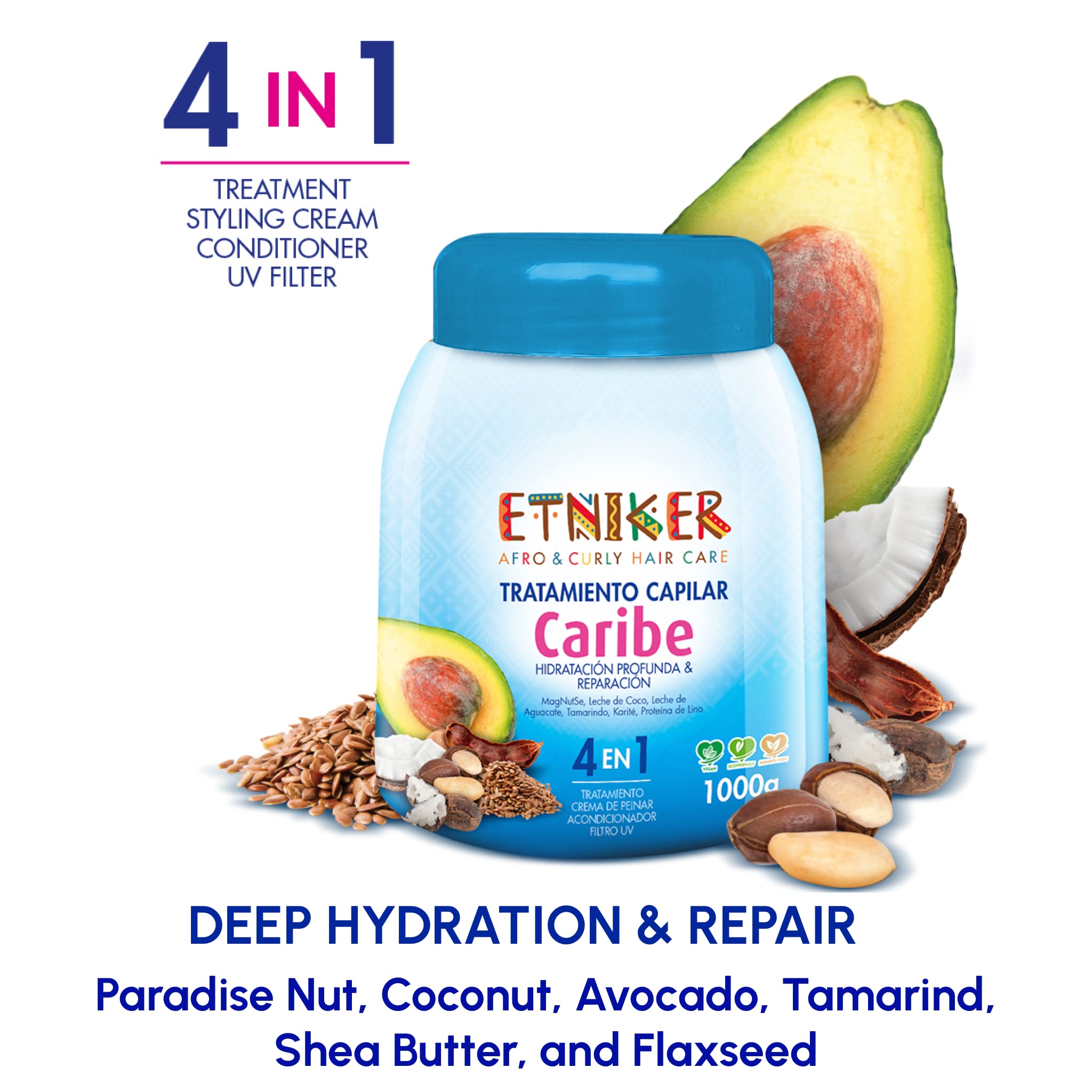 ETNIKER CARIBE 4-in-1 Hair Treatment for Afro, Curly & Wavy Hair - Deep Conditioner, Styling Cream, UV Protection & Repair Mask with Natural Oils (Paradise Nut, Coconut, Avocado) - 33 oz for Salon-Quality Styling & Damaged Hair Care