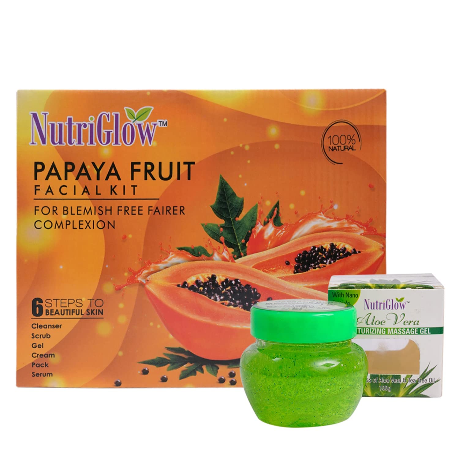 NutriGlow Papaya Facial Kit (250g + 10ml) & Aloe Vera Gel (100g) - Brightening & Blemish-Free Skin Care Set for Glowing Complexion | Pack of 2 | Perfect for Daily Skincare Routine & Spa Treatments