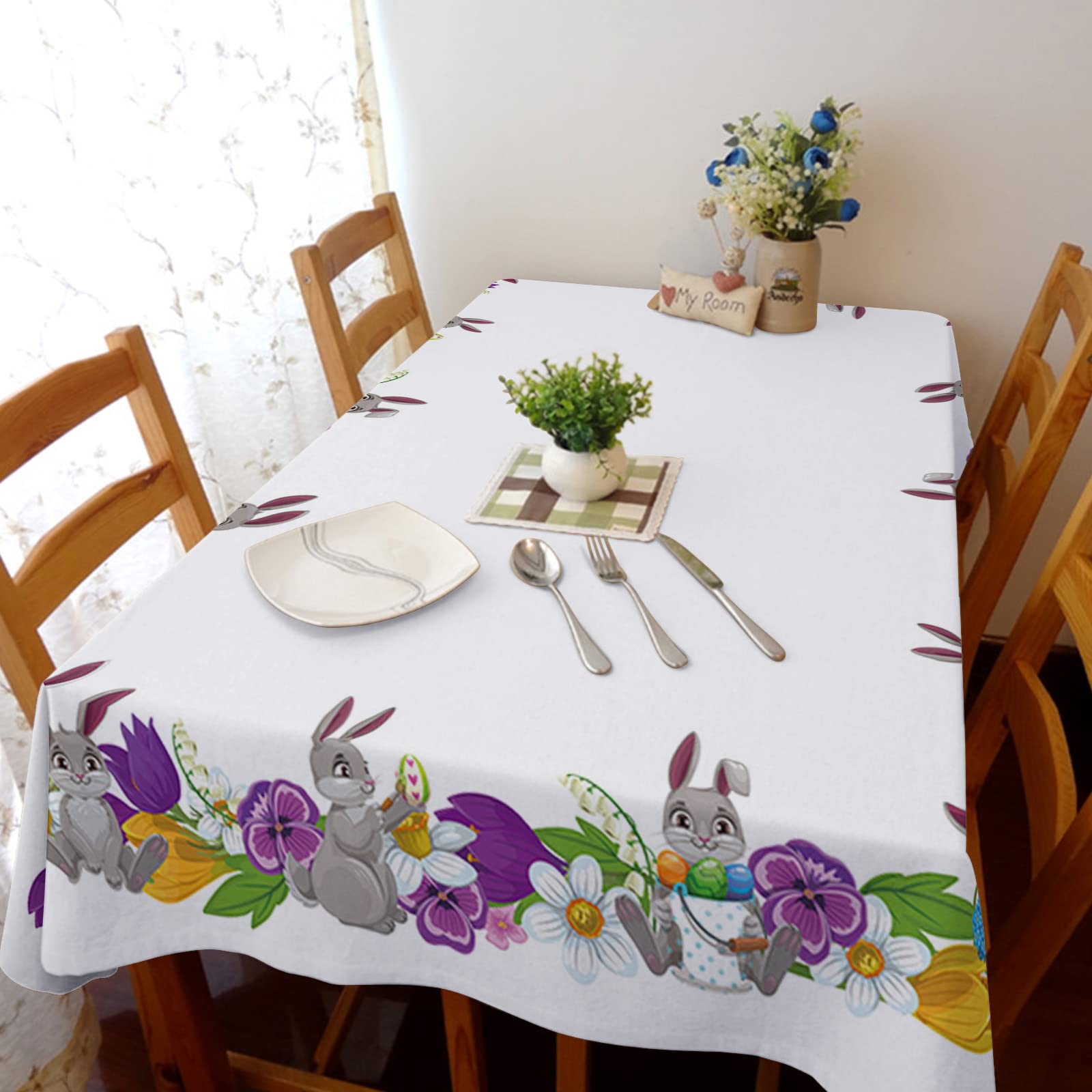 Easter Spring Tablecloth with Rabbit and Egg Print - 60x120 Inch Cotton Linen Rectangle Table Cover for Dining, Kitchen, Coffee Table, Wedding & Birthday Party Decor - Perfect for Holiday Gatherings and Festive Home Decor