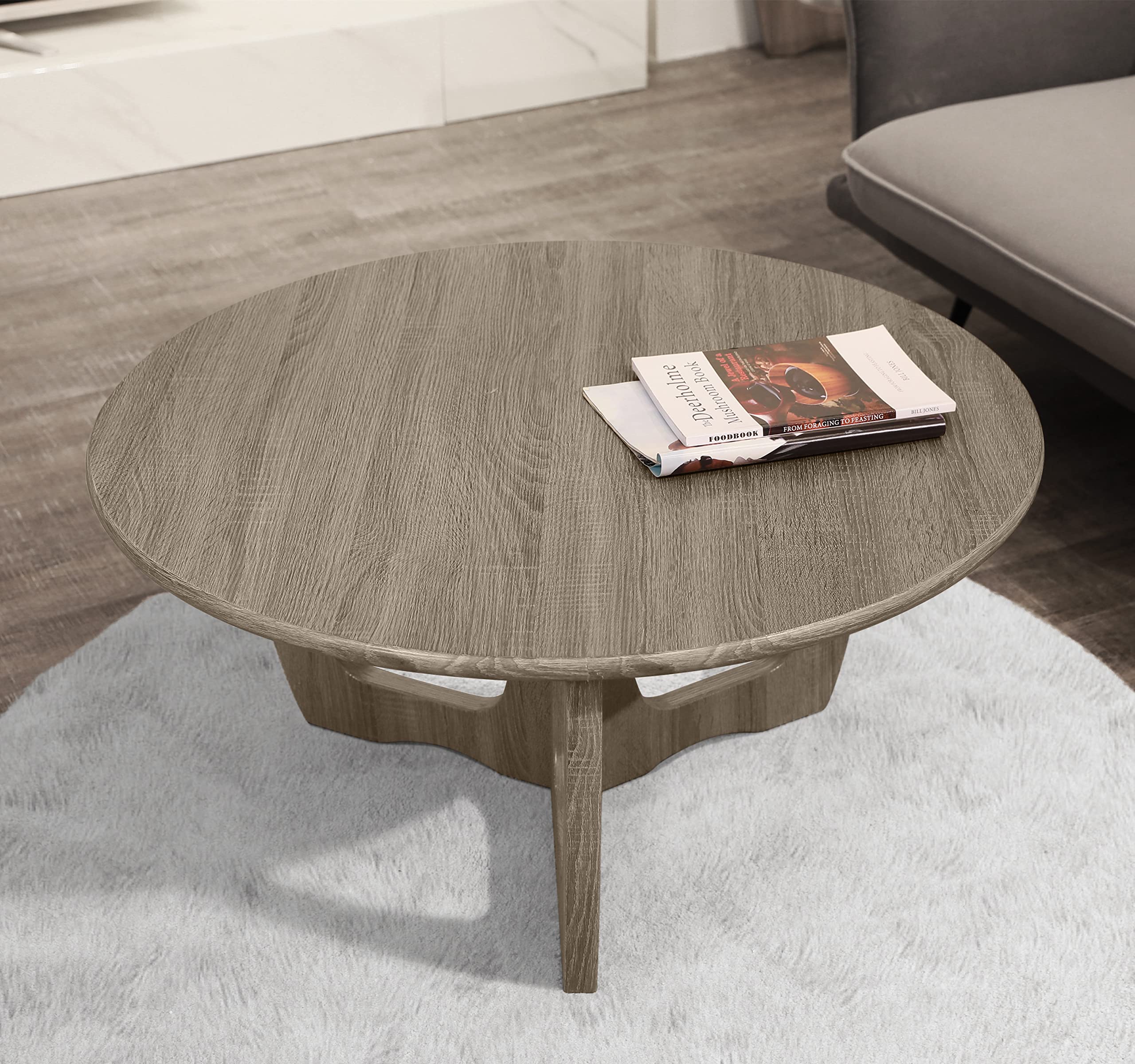 FINECASA Modern Round Wooden Coffee Table with Curved Legs - 35.5