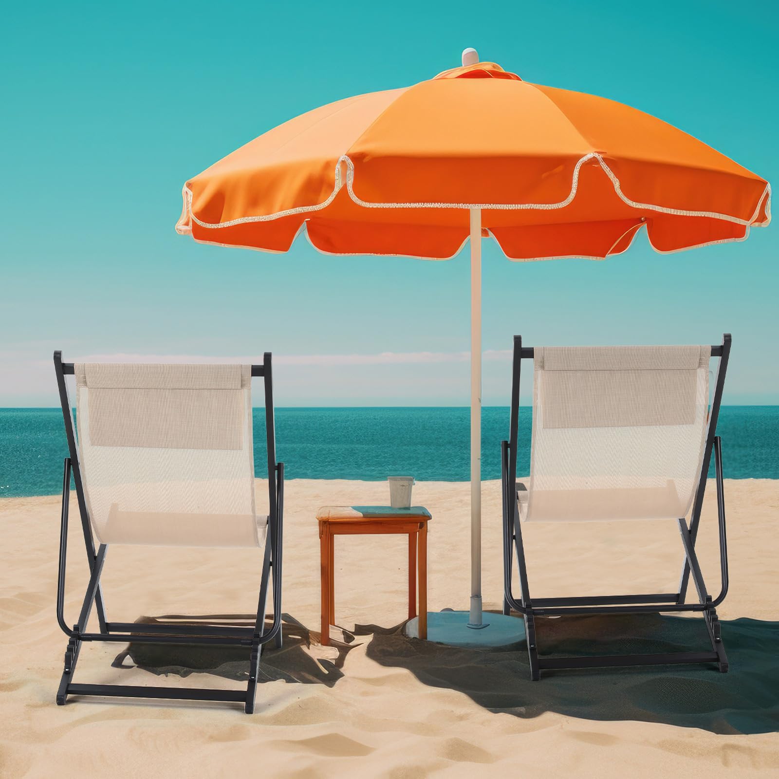2 Pack Foldable Outdoor Lounge Chairs with Adjustable Headrest - Portable Patio Sling Chairs with 5-Level Height Adjustment & Aluminum Frame - Perfect for Beach, Pool, Camping, Garden, Yard, and Lawn Relaxation (Beige)