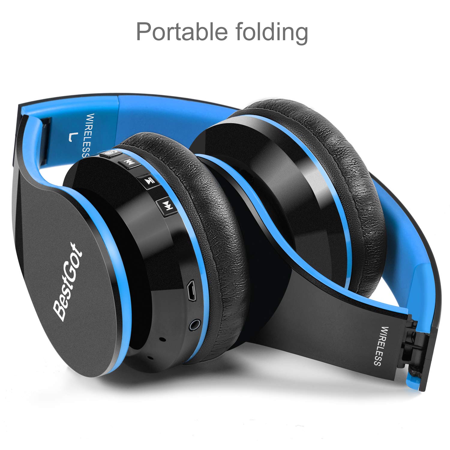 BestGot BT6002 Kids Bluetooth Headphones - Wireless Foldable Headset for Boys & Girls, Compatible with iPhone, Android, iPad, PC, Laptop, Tablet - Perfect for Online Classes, Gaming, Travel & Home Use (Black/Blue)