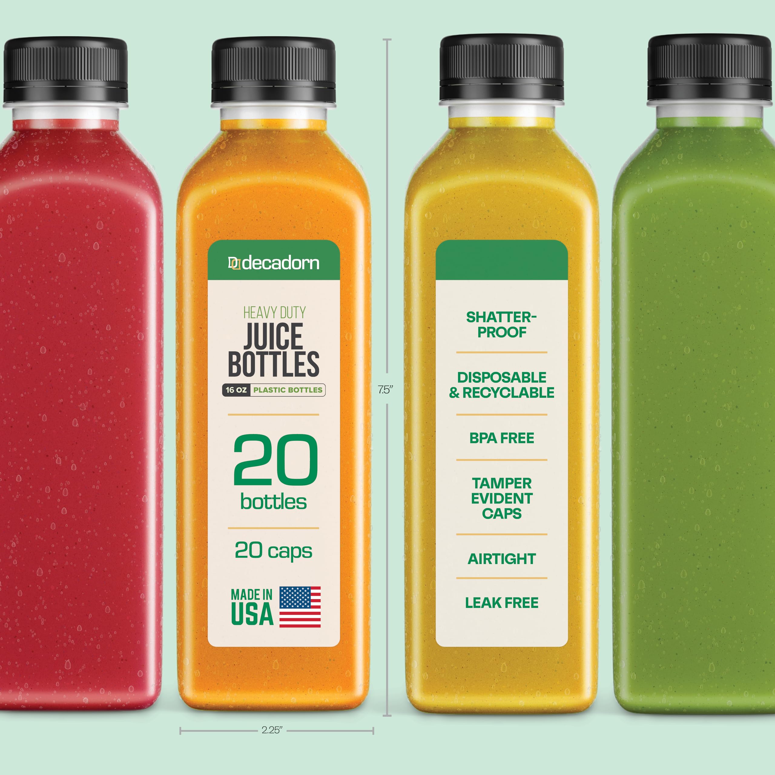 16oz 20pcs Juice Bottles With Tamper Evident Caps - BPA-Free, Shatterproof & Leakproof Juice Containers for Refrigerator Storage - Made in USA, Disposable & Recyclable - Perfect for Cold Pressed Juices, Meal Prep and On-the-Go Hydration