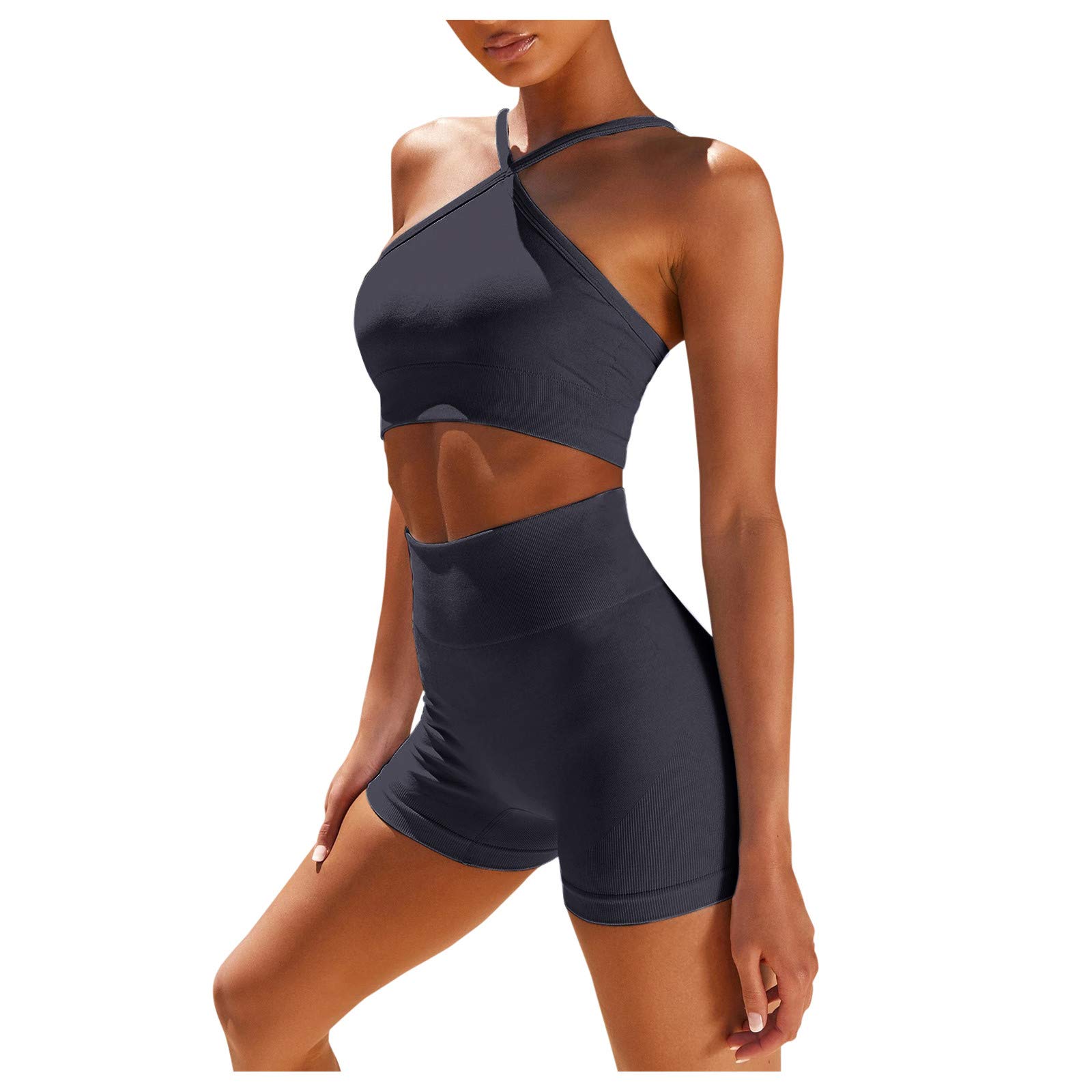 Women's High Waist Workout Set - 2 Piece Cross Shoulder Tank & Shorts for Gym & Yoga (Grey, S)