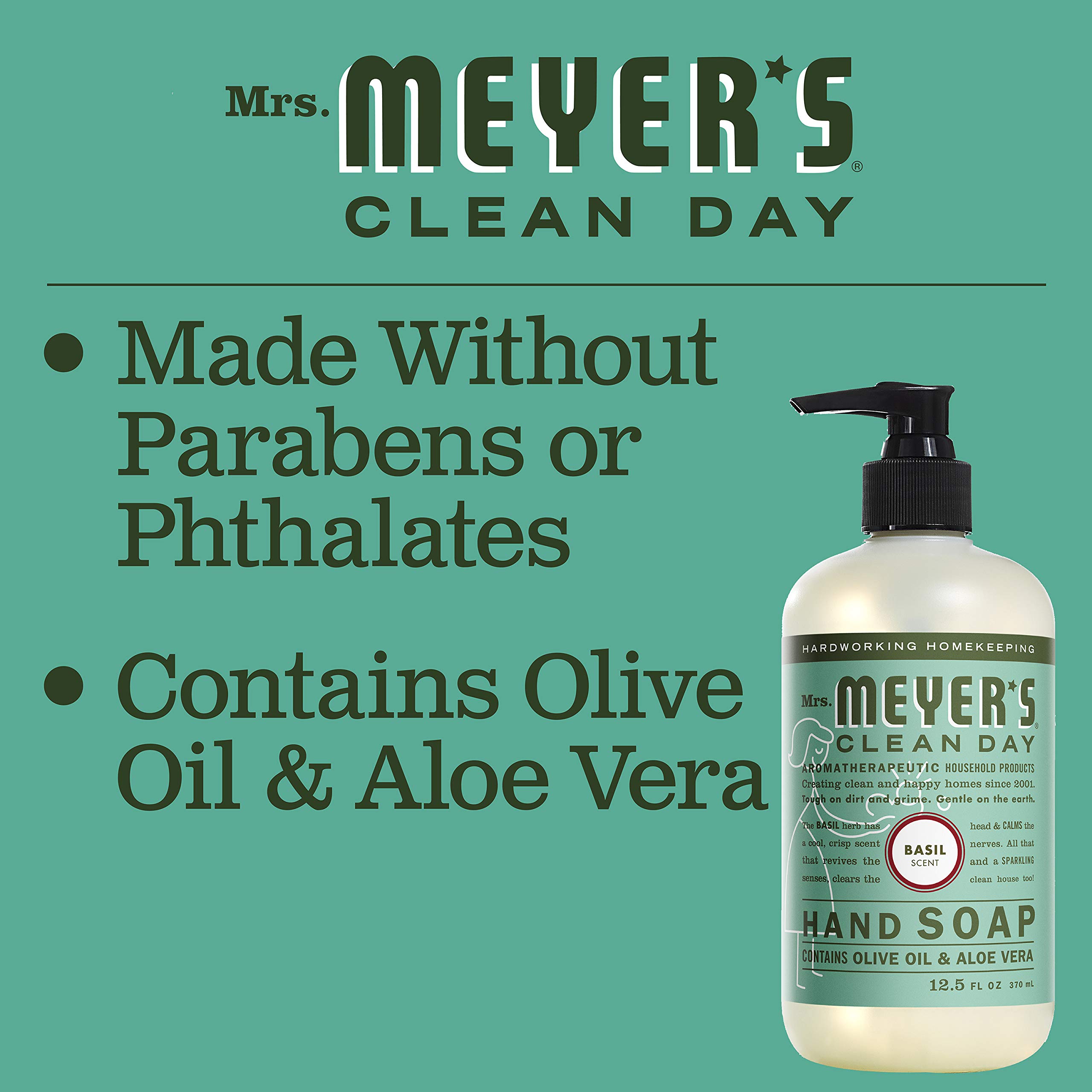Mrs. Meyer's Clean Day Liquid Hand Soap - Basil Scent, 12.5 oz (Pack of 6) | Natural & Plant-Derived Ingredients | Perfect for Kitchen, Bathroom & Office Use