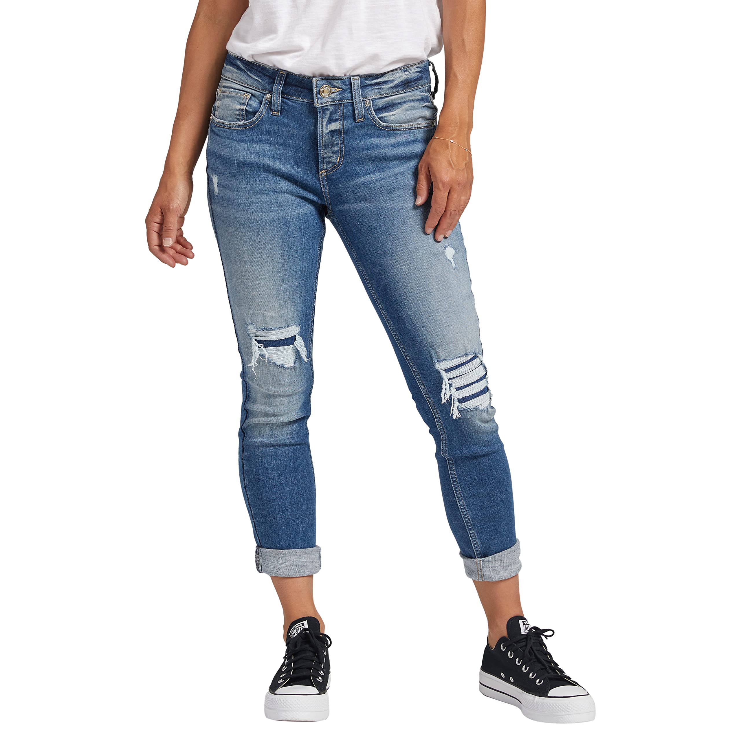 Silver Jeans Co. Women's Girlfriend Mid Rise Slim Leg Jeans - Comfortable Stretch Denim Pants for Casual Wear & Everyday Outfits