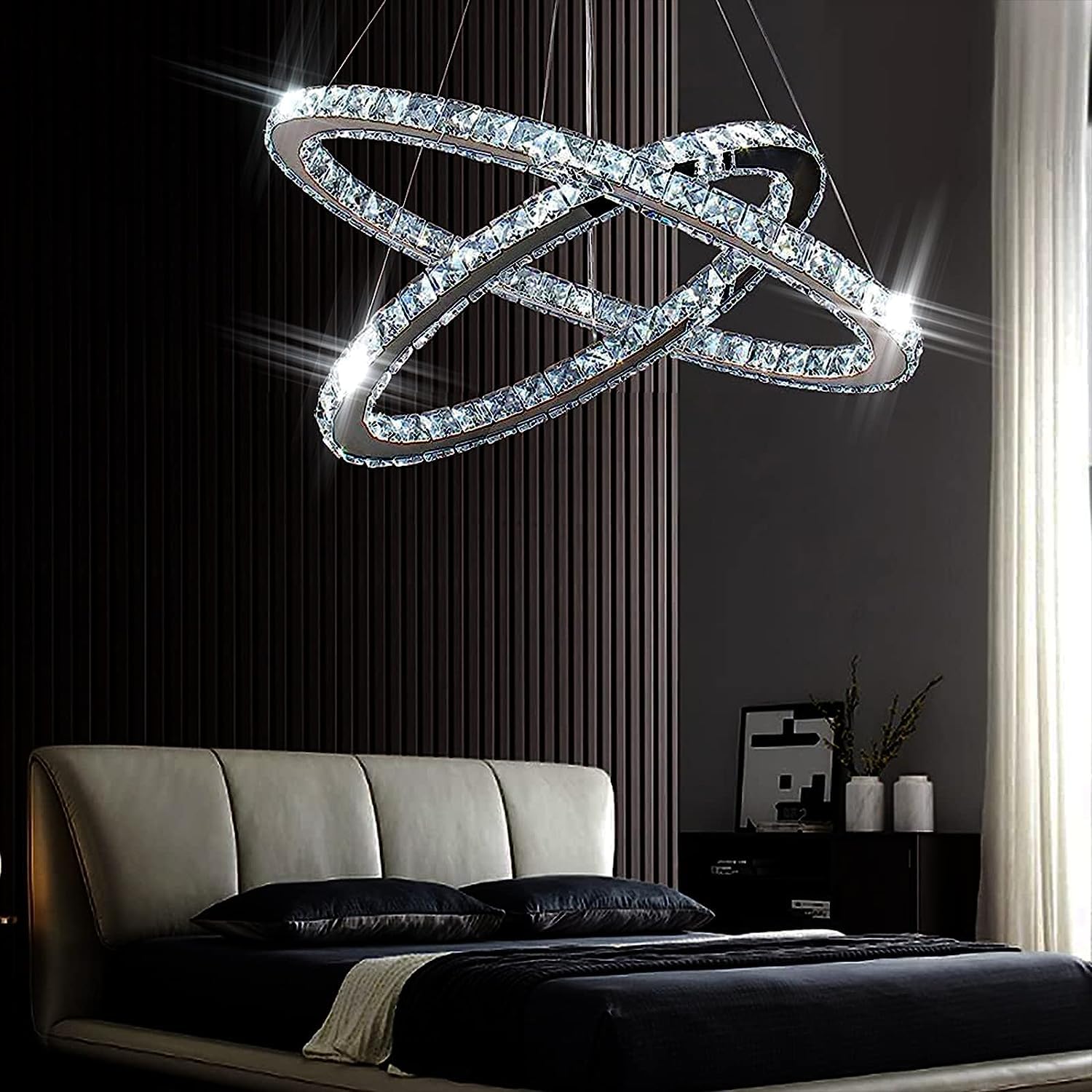 Modern Crystal Chandelier - 2-Tier Oval Pendant Light with Adjustable Height, 6000K Cool White (19.7