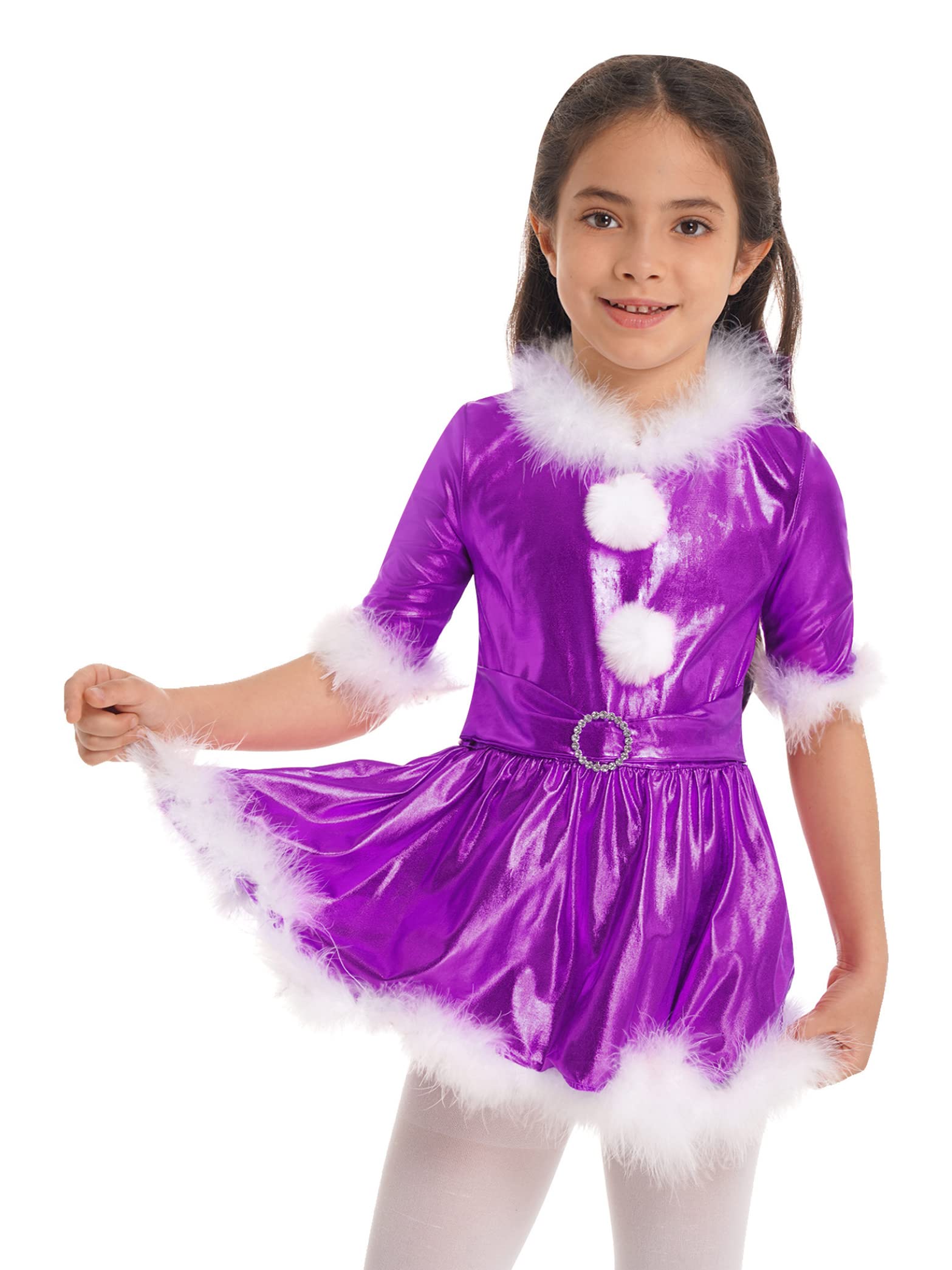 Girls Christmas Shiny Metallic Dance Costume - Jazz Outfit for Modern Dance & Ice Skating Performance - Holiday Party Dress for Kids