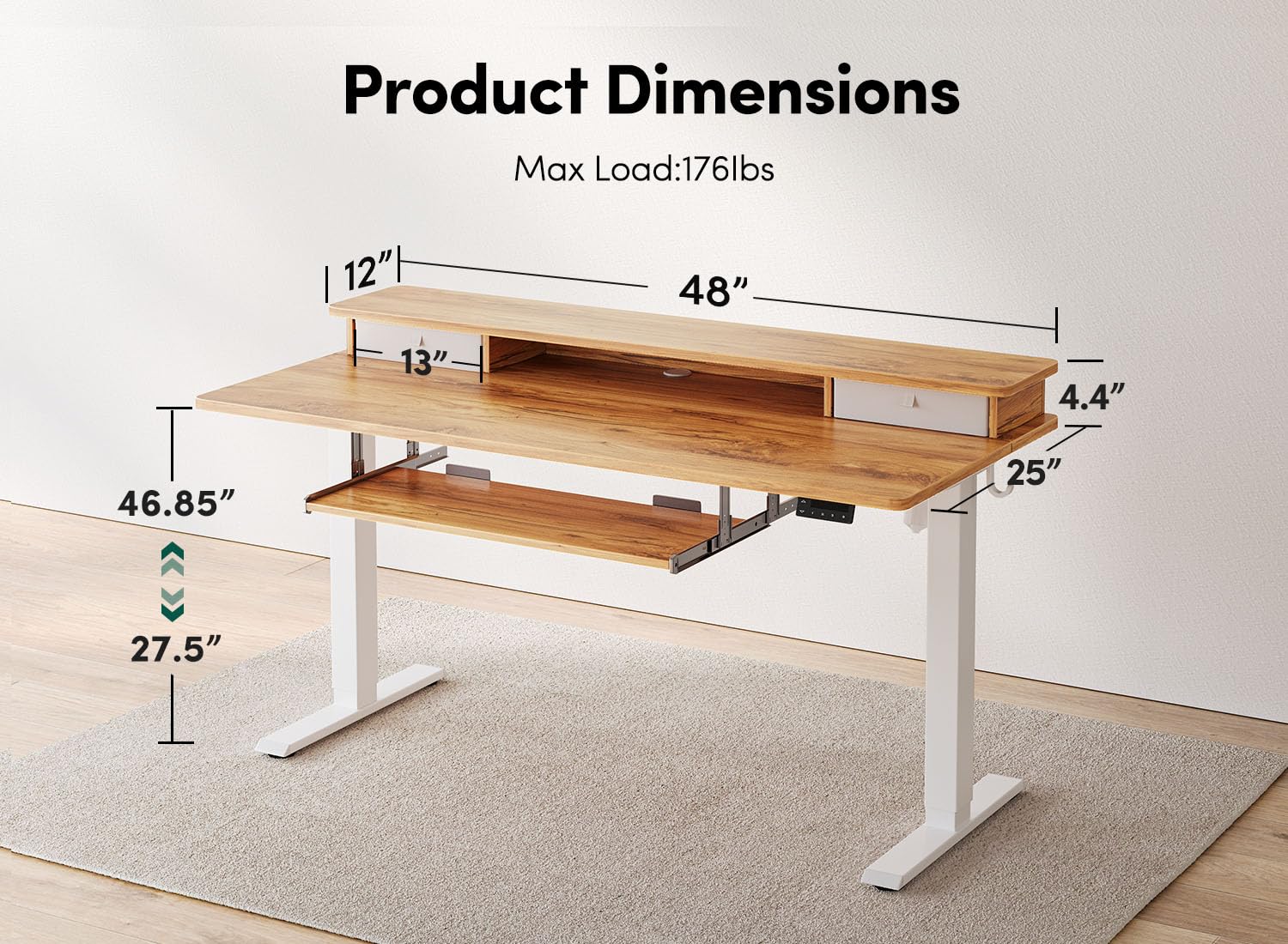 FEZIBO 48x24 Inches Adjustable Standing Desk with Drawers, Keyboard Tray & Storage Shelf - Whole-Piece Light Rustic Design for Home Office, Gaming & Workstation (Sit Stand Desk)