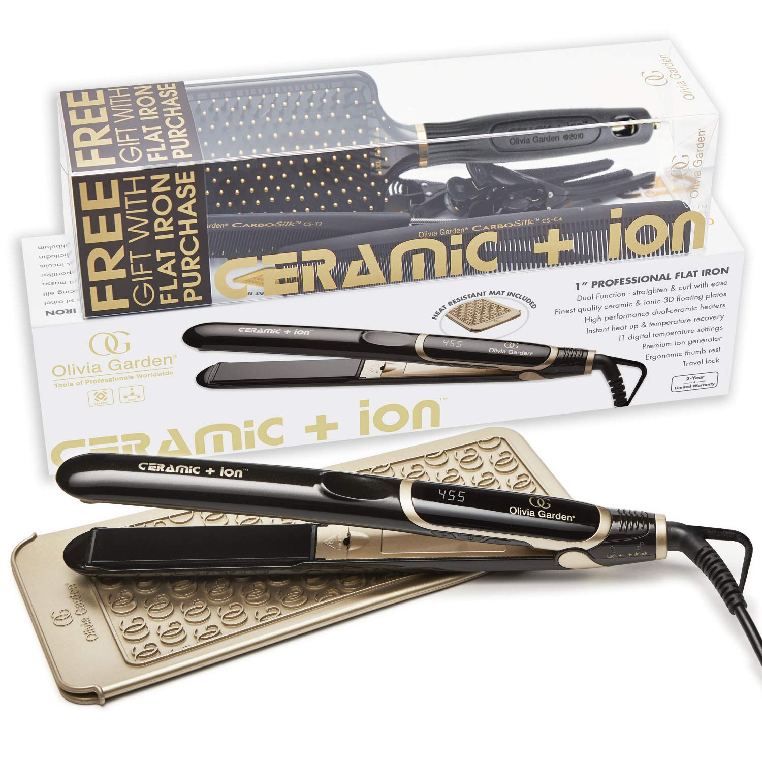 Olivia Garden Ceramic + Ion Pro Flat Iron - Dual Voltage Hair Straightener with 11 Temperature Settings & 3D Floating Plates for Salon-Quality Styling at Home or Travel