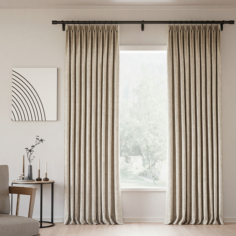 Pinch Pleated Blackout Curtains - 100% Linen Memory Trained Drapes in Natural Grey Beige | Modern Custom Window Treatments for Living Room & Bedroom